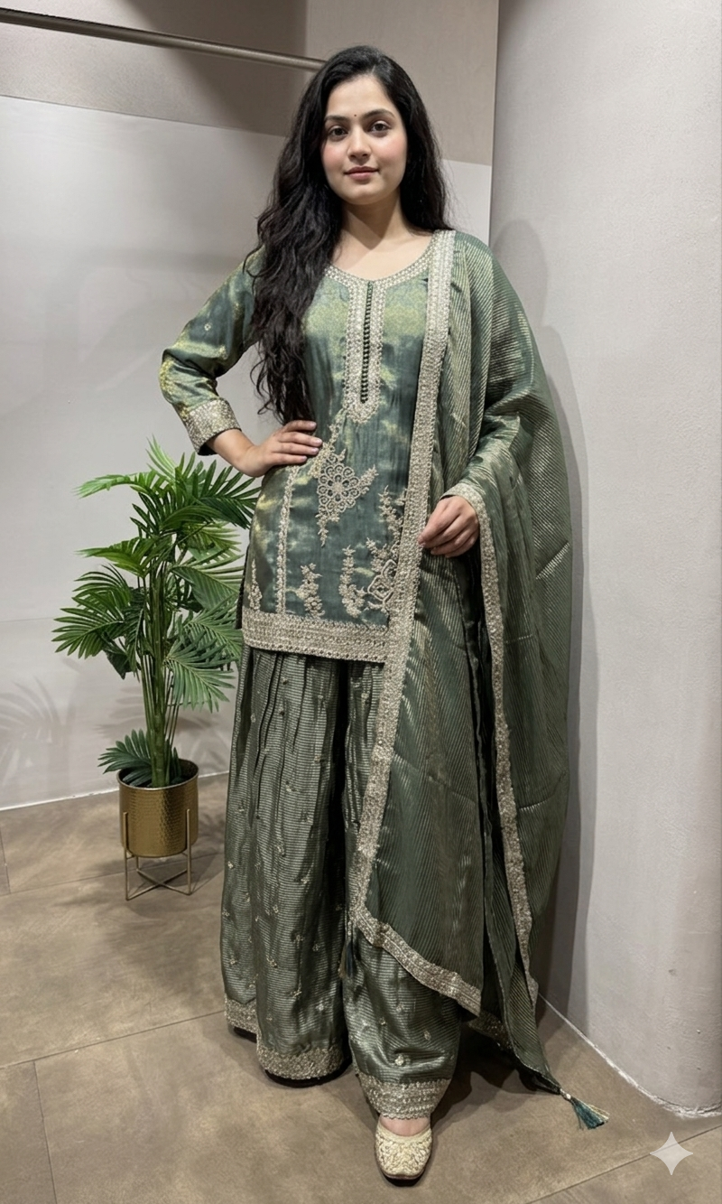 Green Embroidered Silk Sharara Set