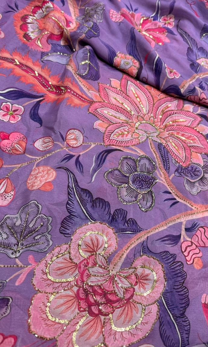 Purple floral saree with ready blouse