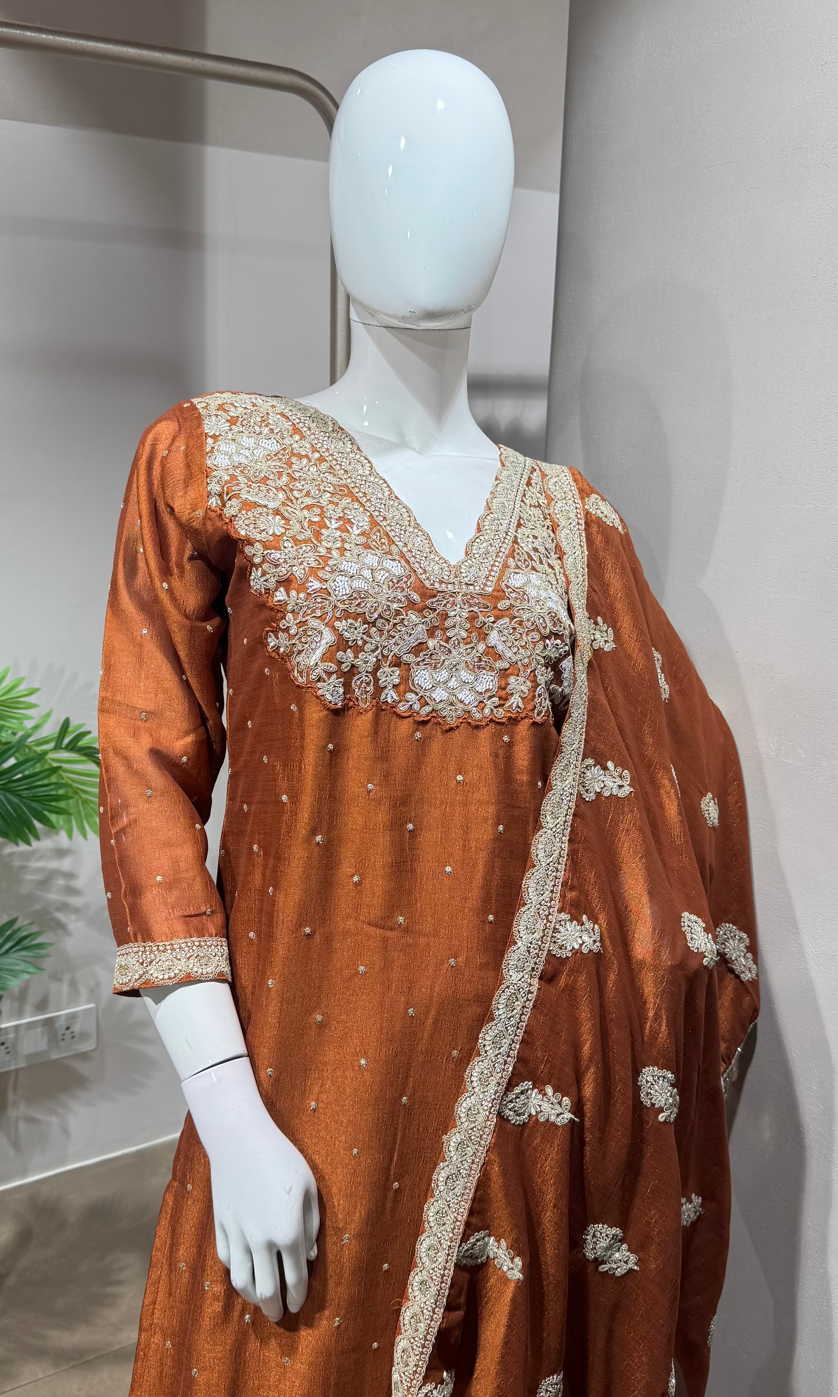 Rust golden embroidery kurta set