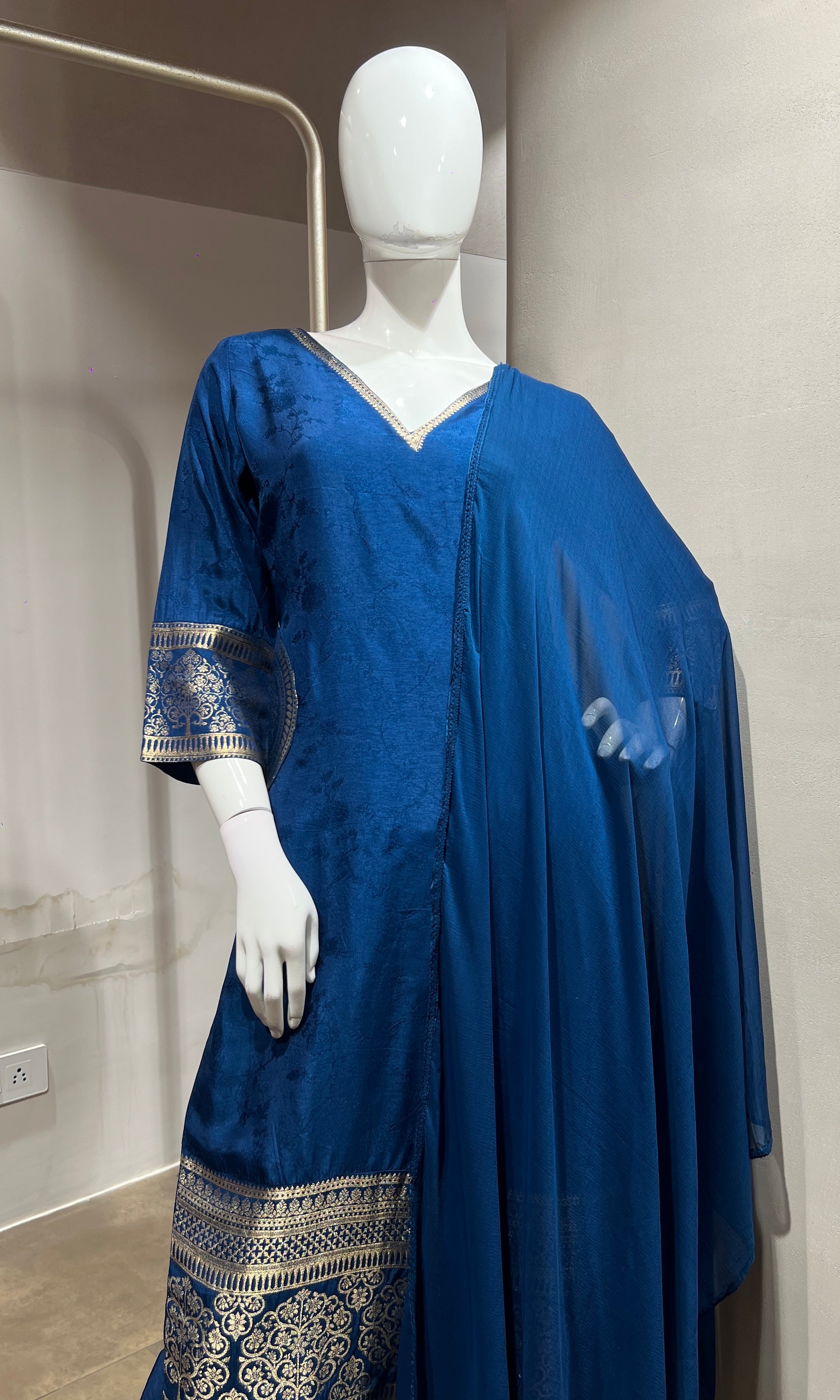 Peacock Blue Silk Straight Kurta Set with Gold Border