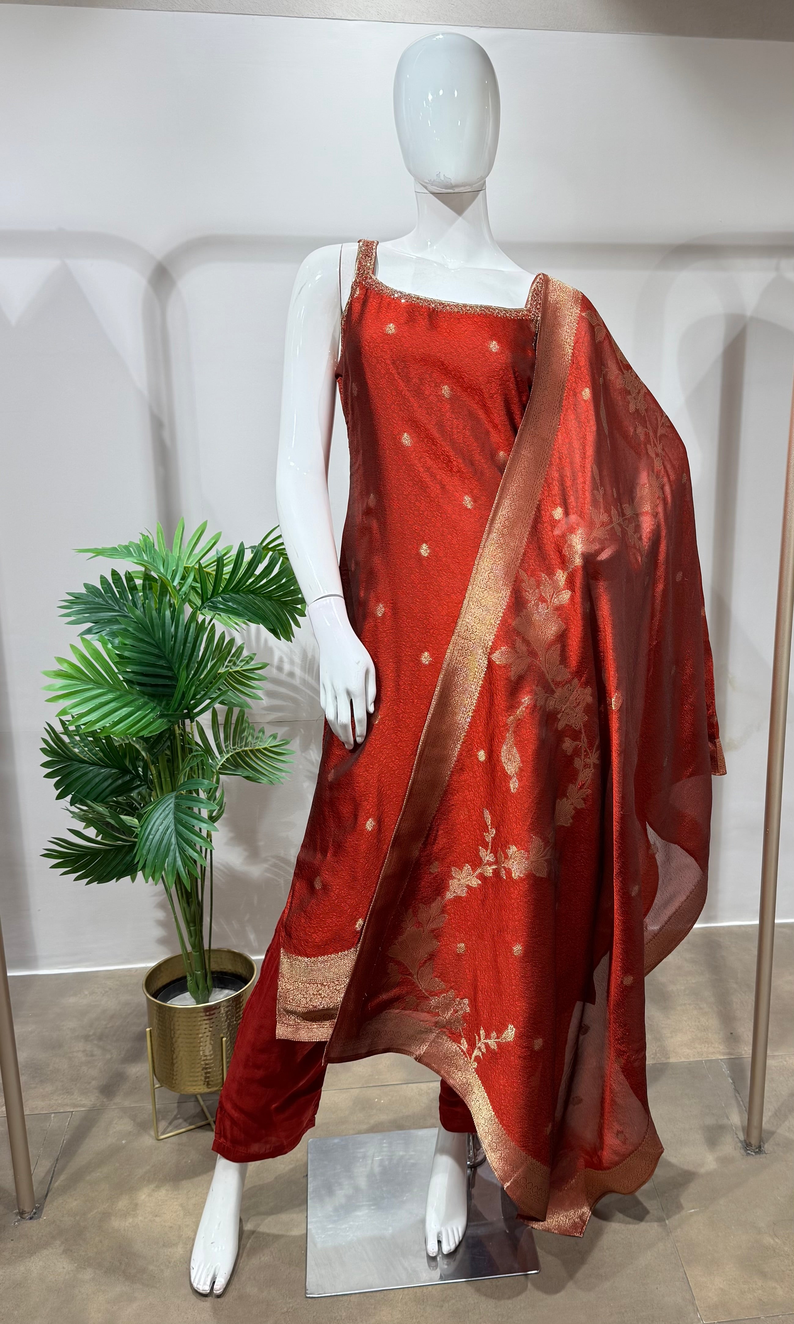 Red golden Banarasi kurta set