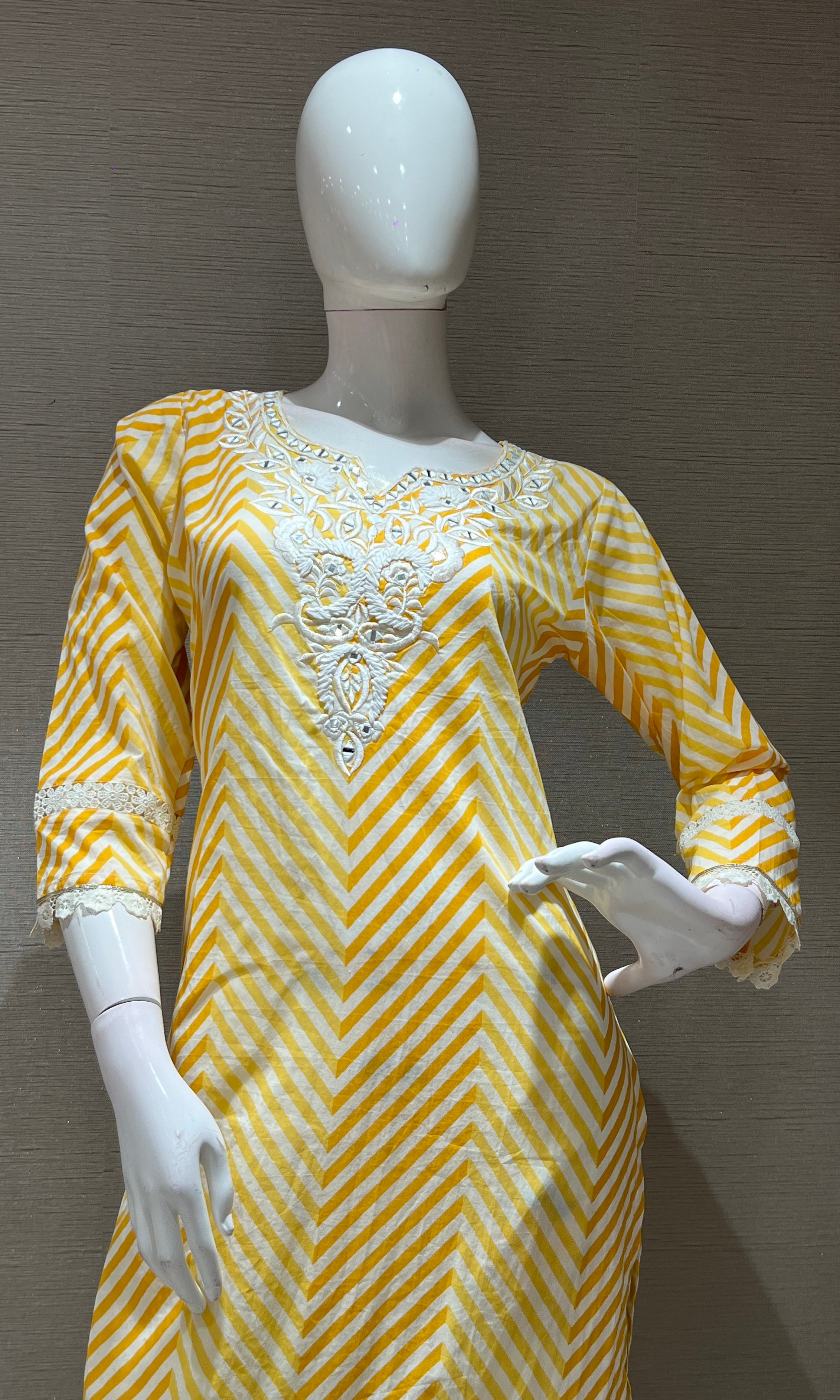 YELLOW LEHARIYA ZIG ZAG PRINT KURTA SET