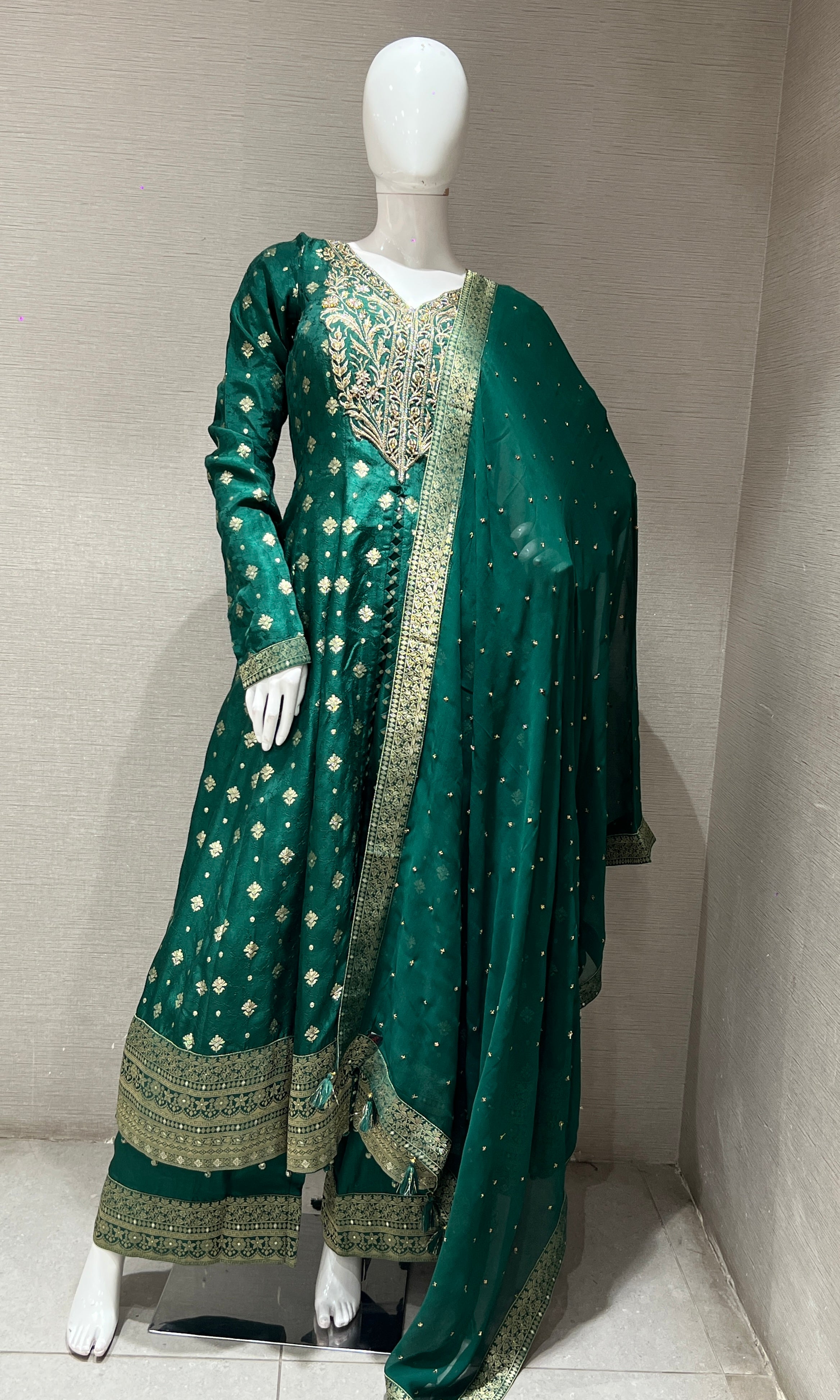 Green ANARKALI WITH PALAZZO PANTS
