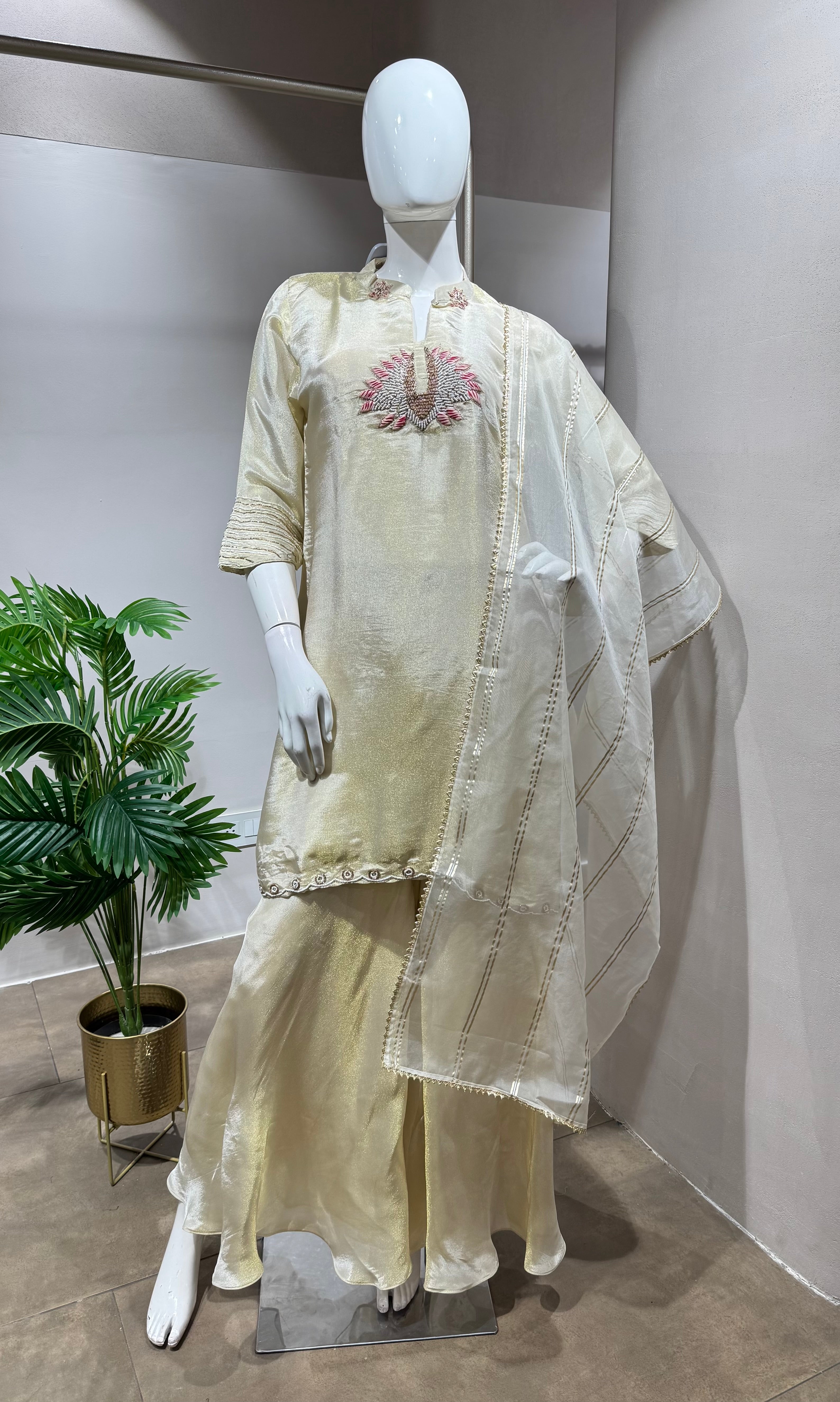 Gold white KURTA SET WITH PALAZZO PANTS