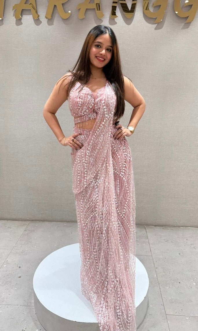 Baby pink sequin embroidered drape saree
