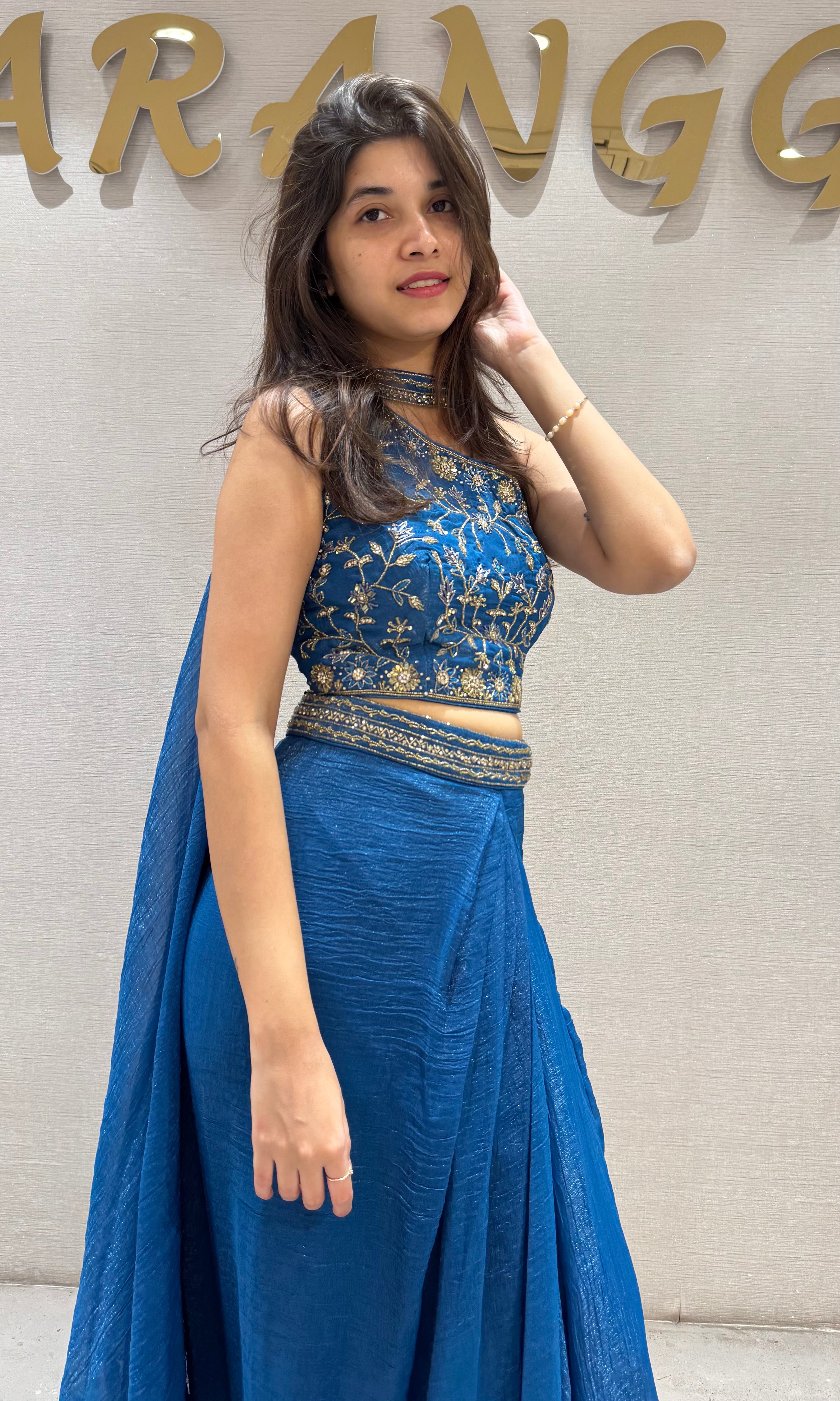 Peacock Blue Embroidered Draped Skirt