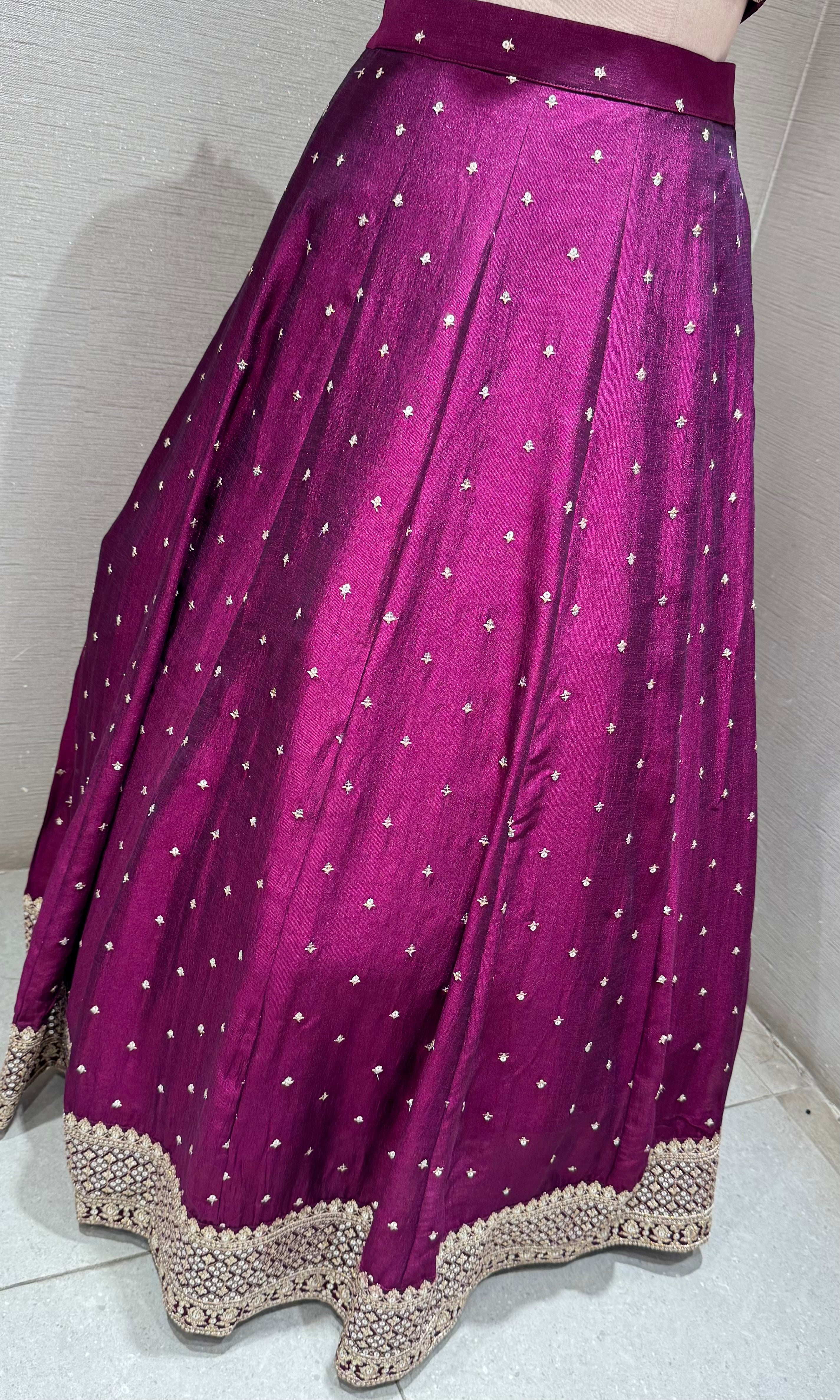 Wine and gold embroidered Lehenga Choli