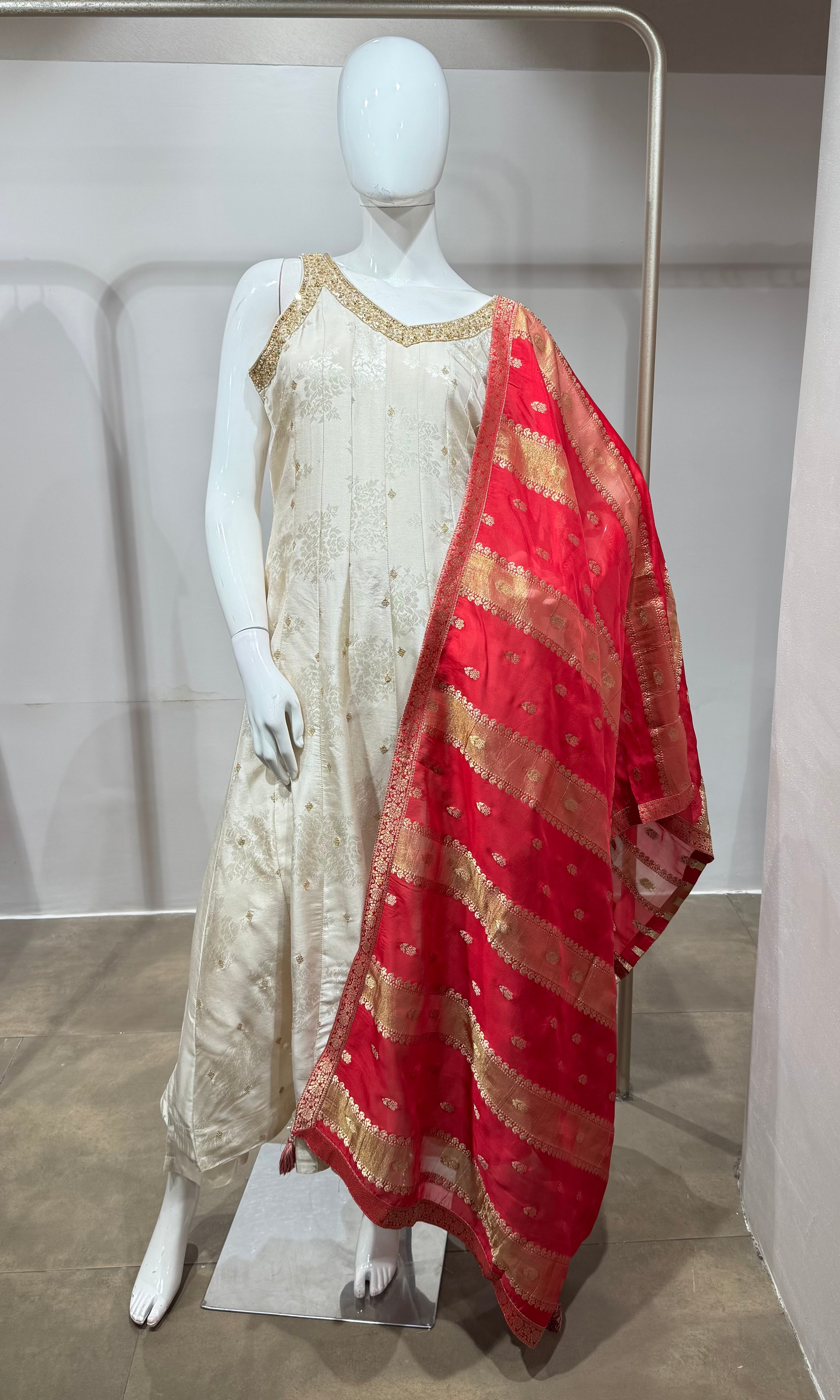 Cream Golden Anarkali with Contrast Dupatta