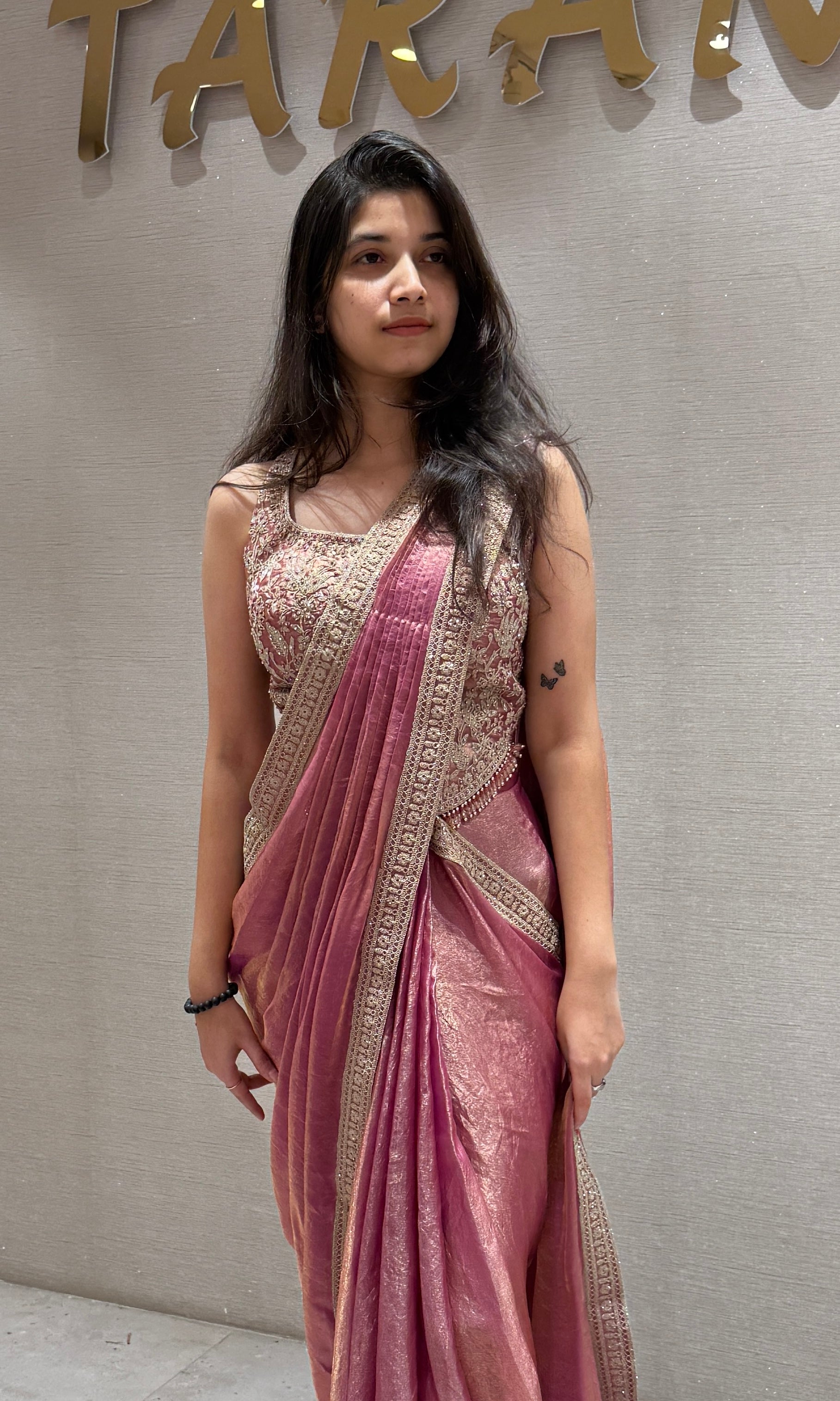 Light Blush Pink and Golden drape saree