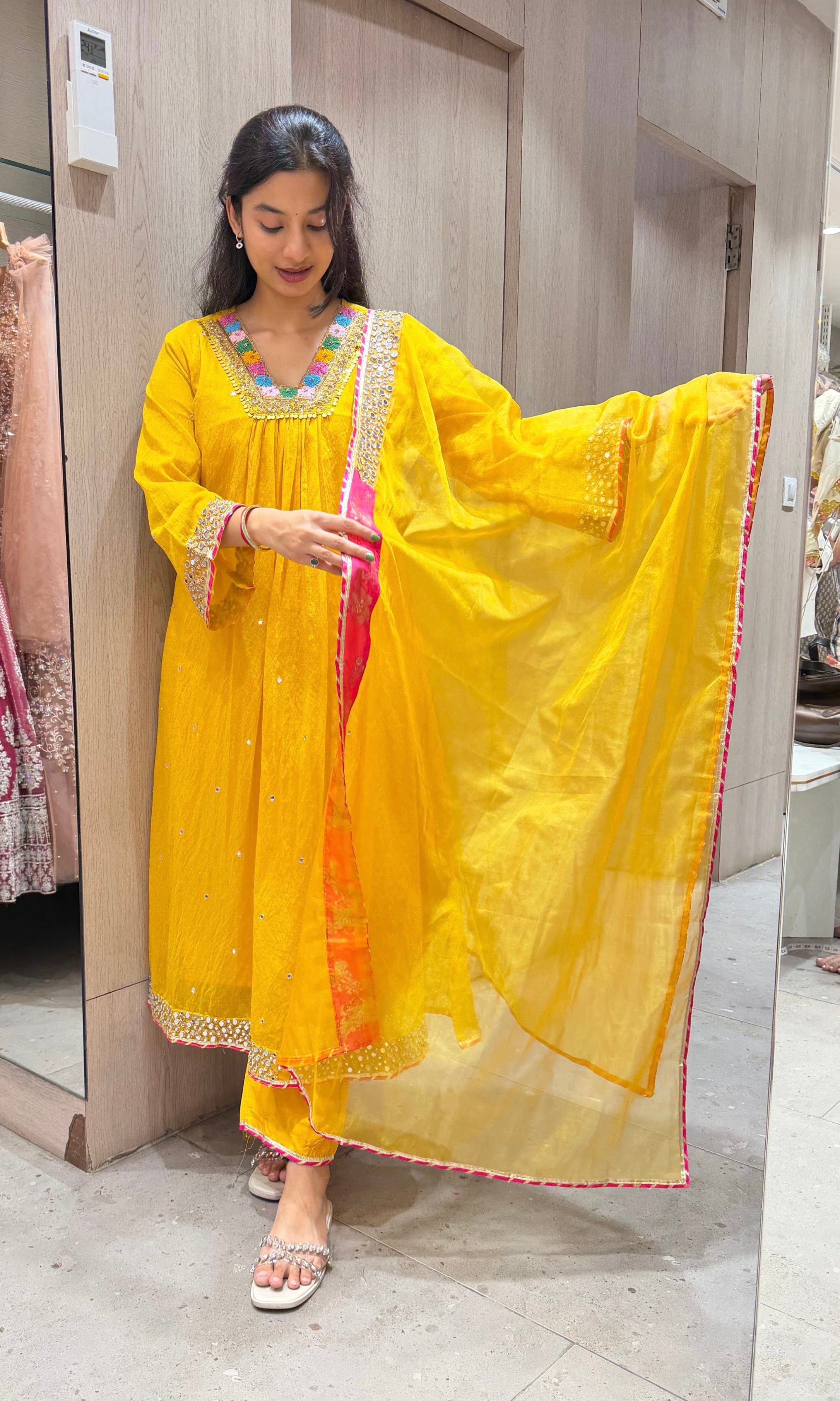 Yellow FLORAL NECK A LINE kurta set