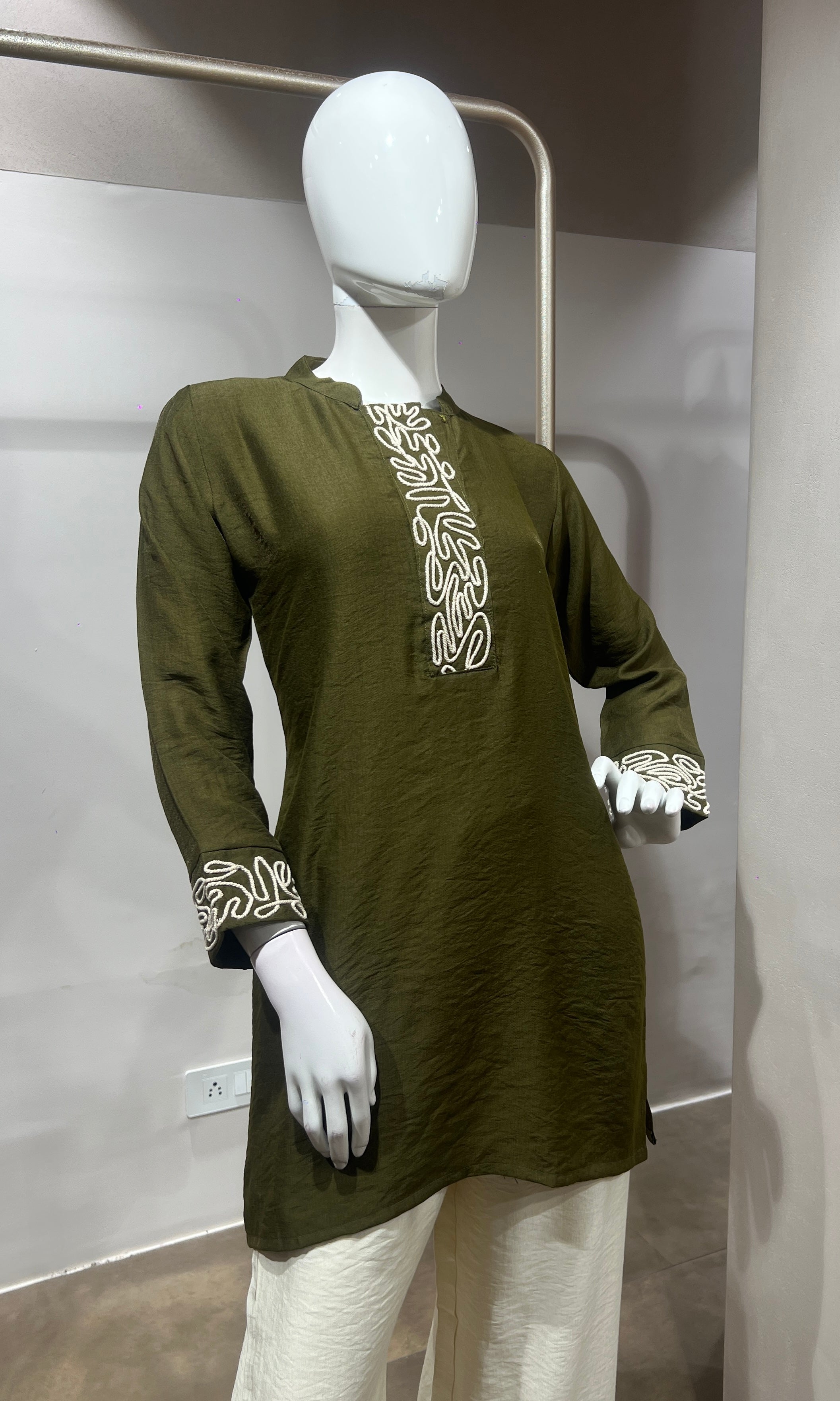 Mehandi green Mandarin Collar Cord Set