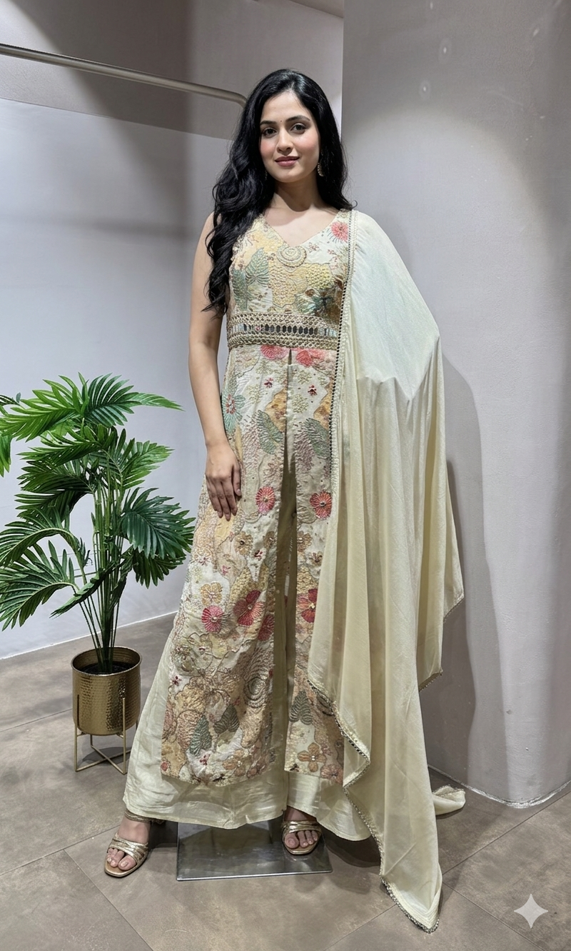 Cream floral embroidery palazzo set