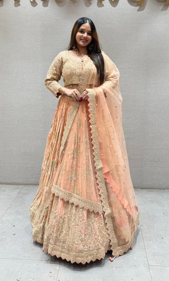Golden Peach crushed silk Lehenga
