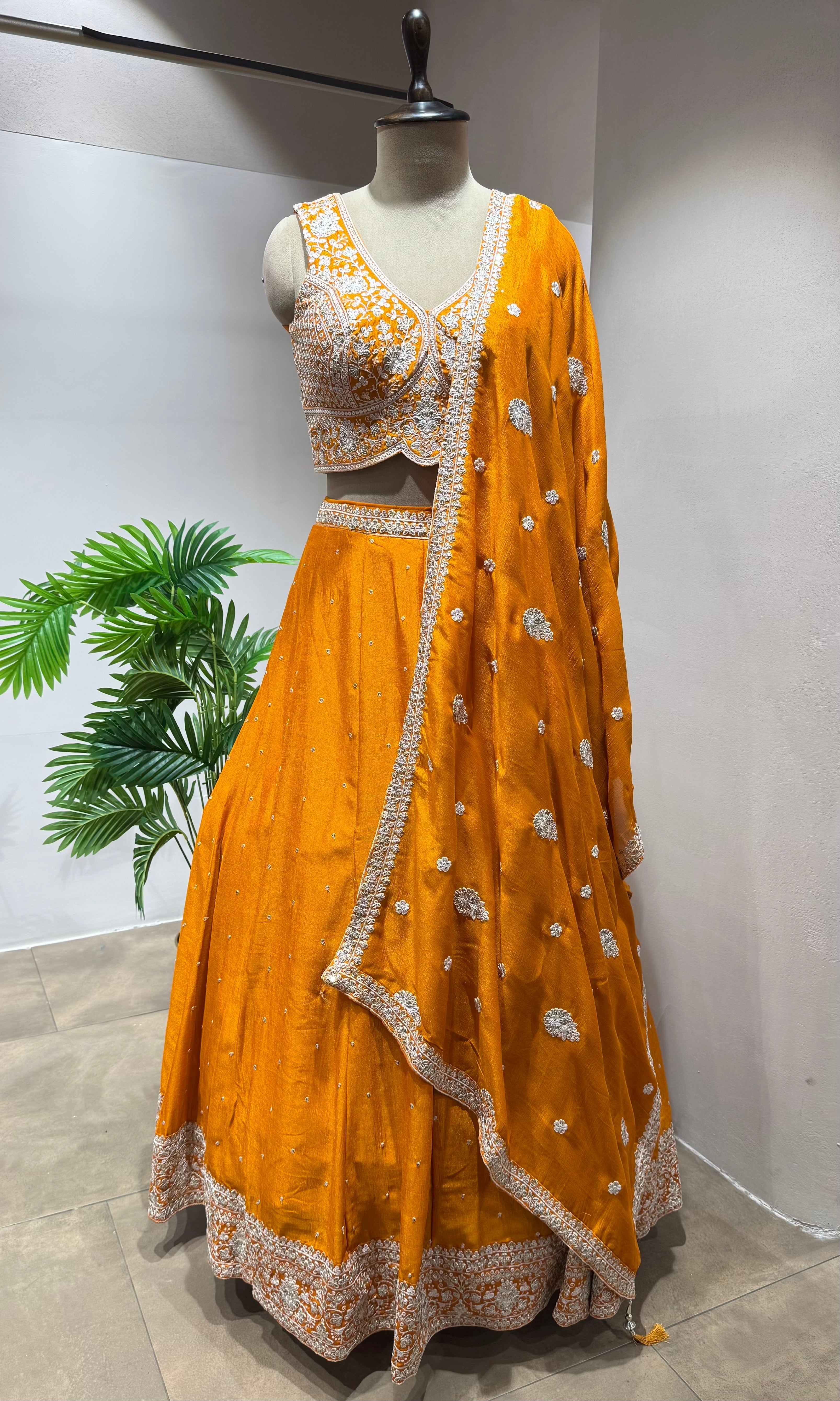 Orange Lehenga Set with Embellished Blouse & Dupatta