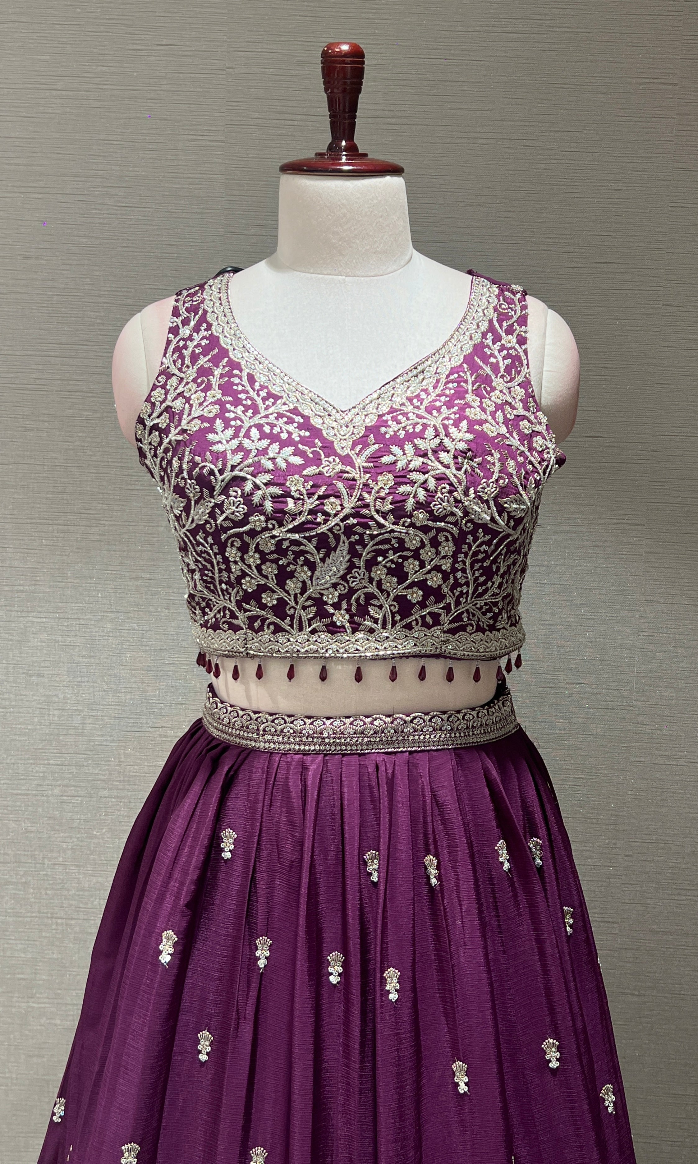 Wine Floral intricate Embroidery Lehenga