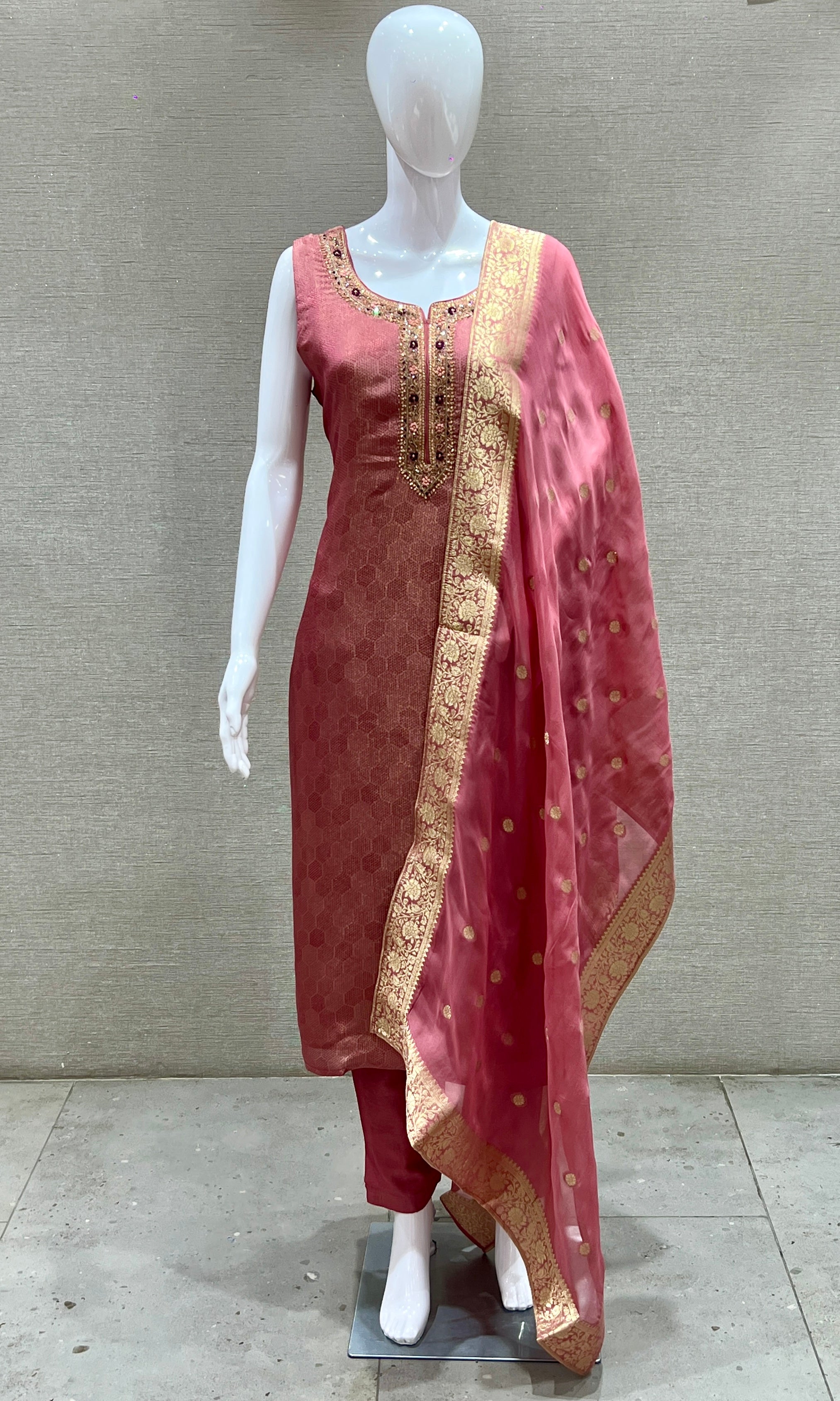 Onion Pink Gold Zari Embellished Kurta Set