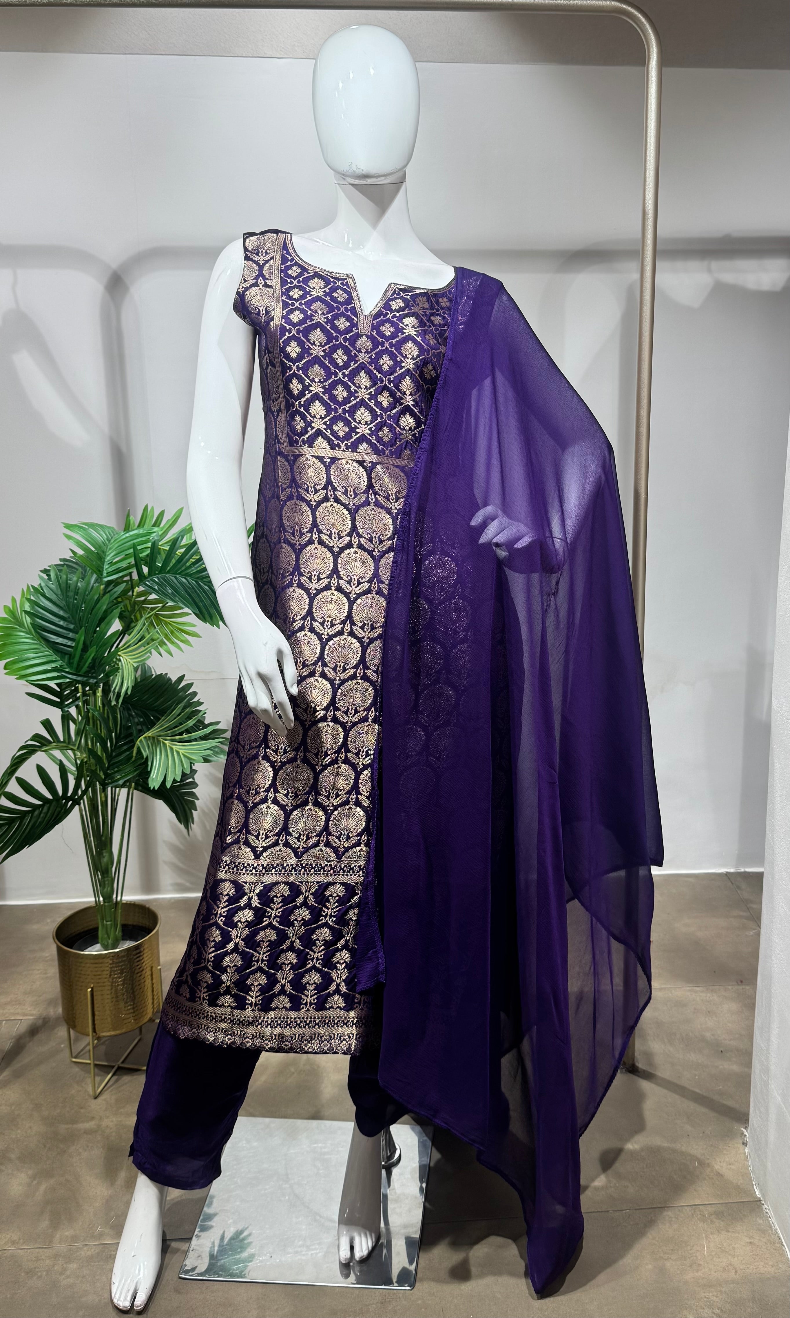 Purple golden banarasi kurta set