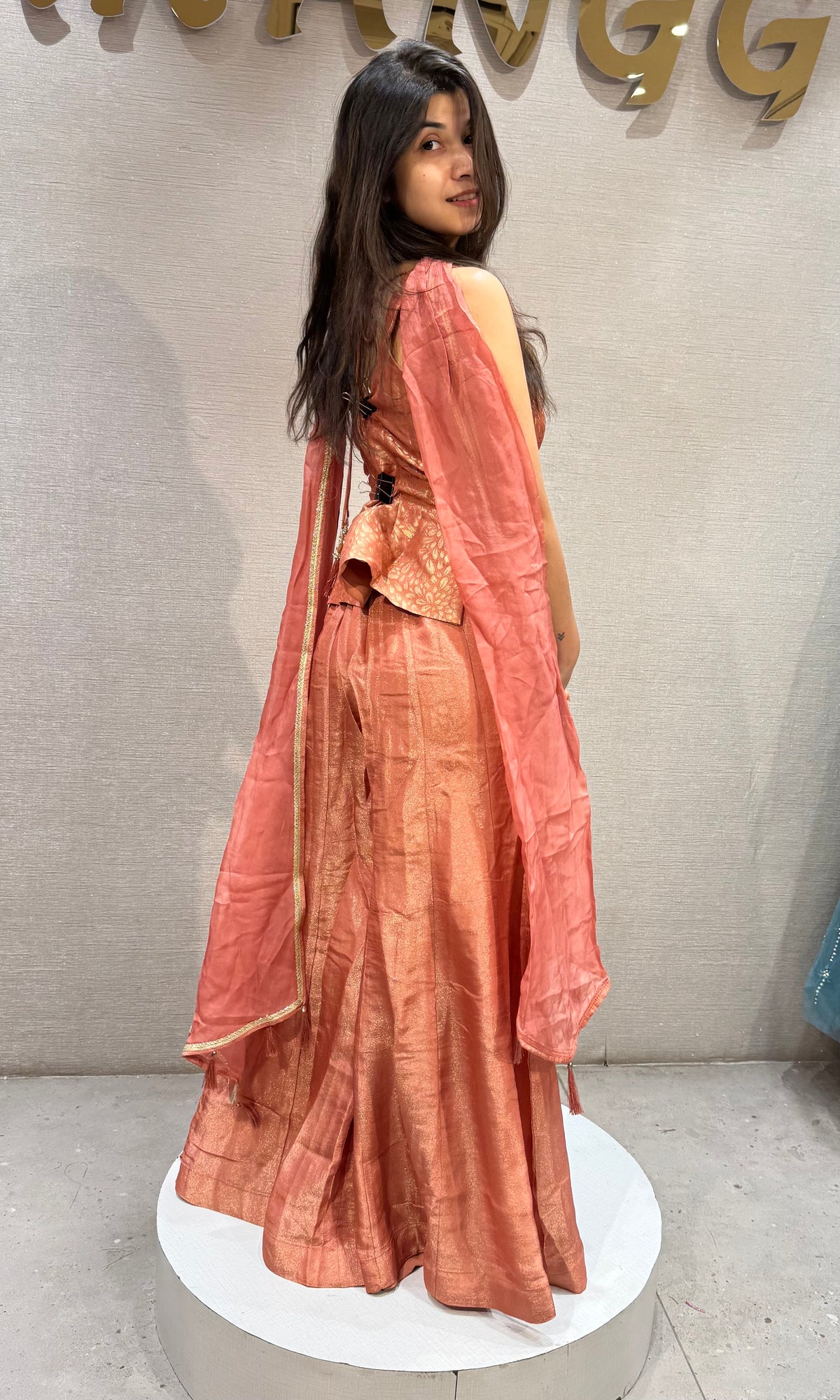 Peach Shimmer Embroidered Corset Crop Top with Palazzo Set & dupatta