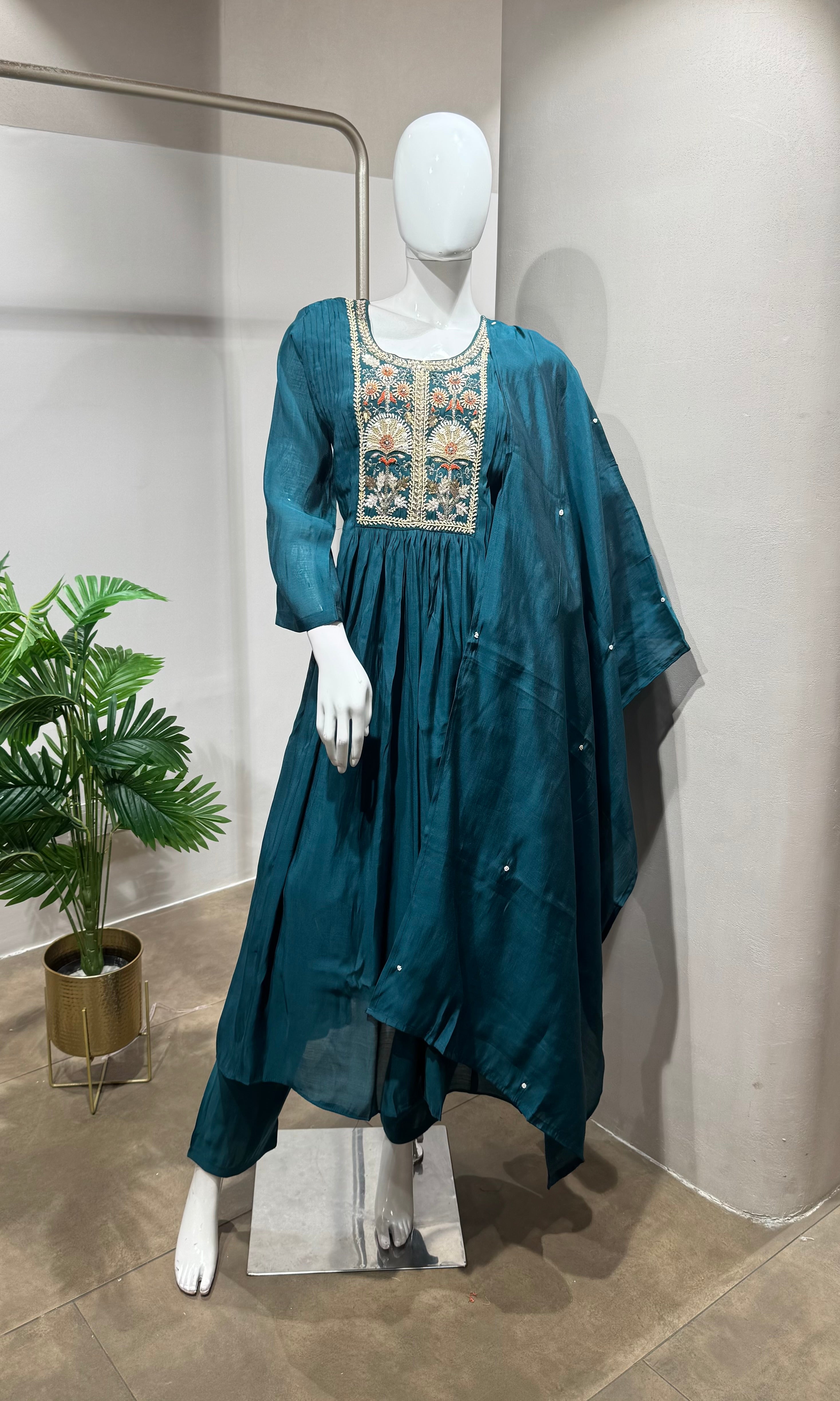 Teal blue embroidered kurta set