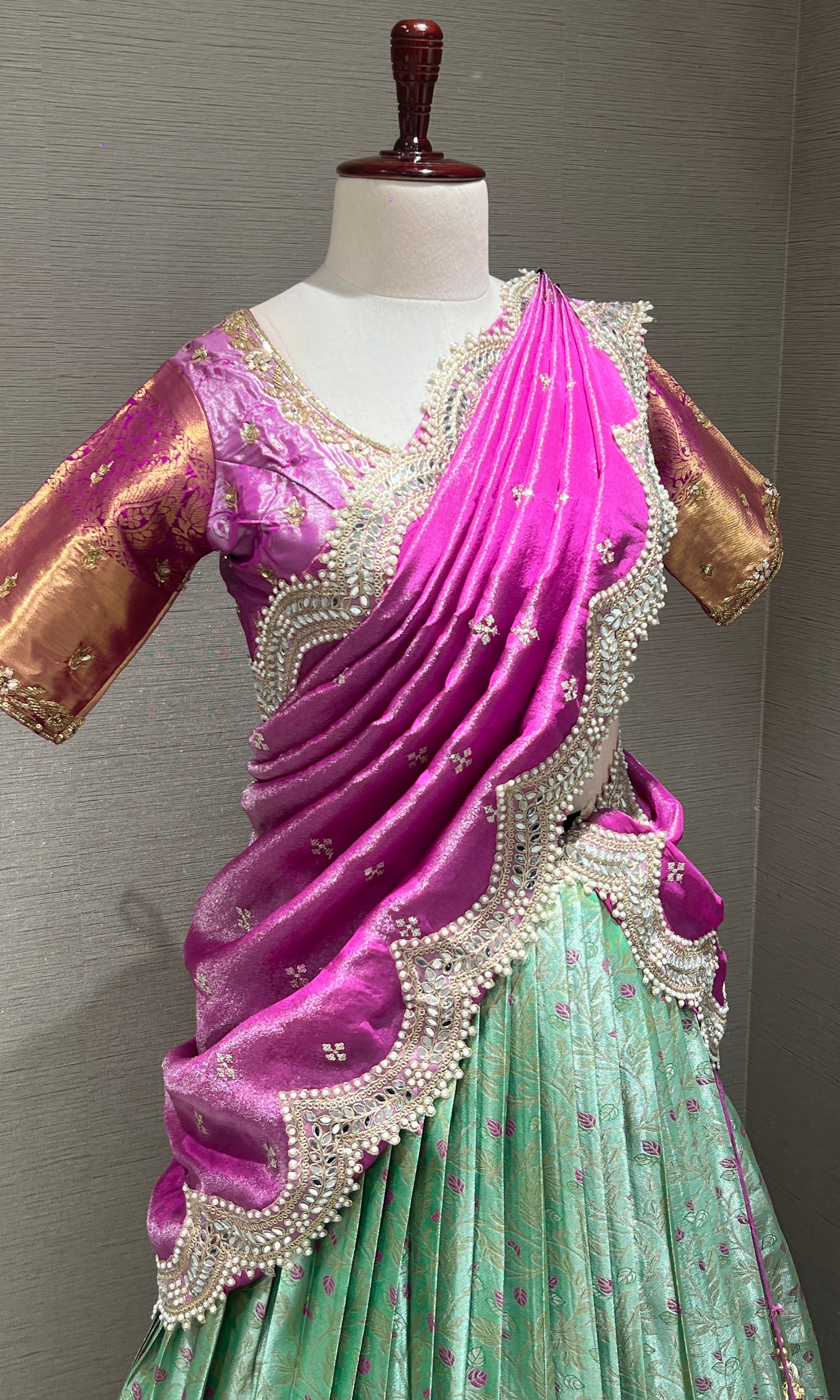 PINK Banarasi LEHENGA with Mint Floral Weave