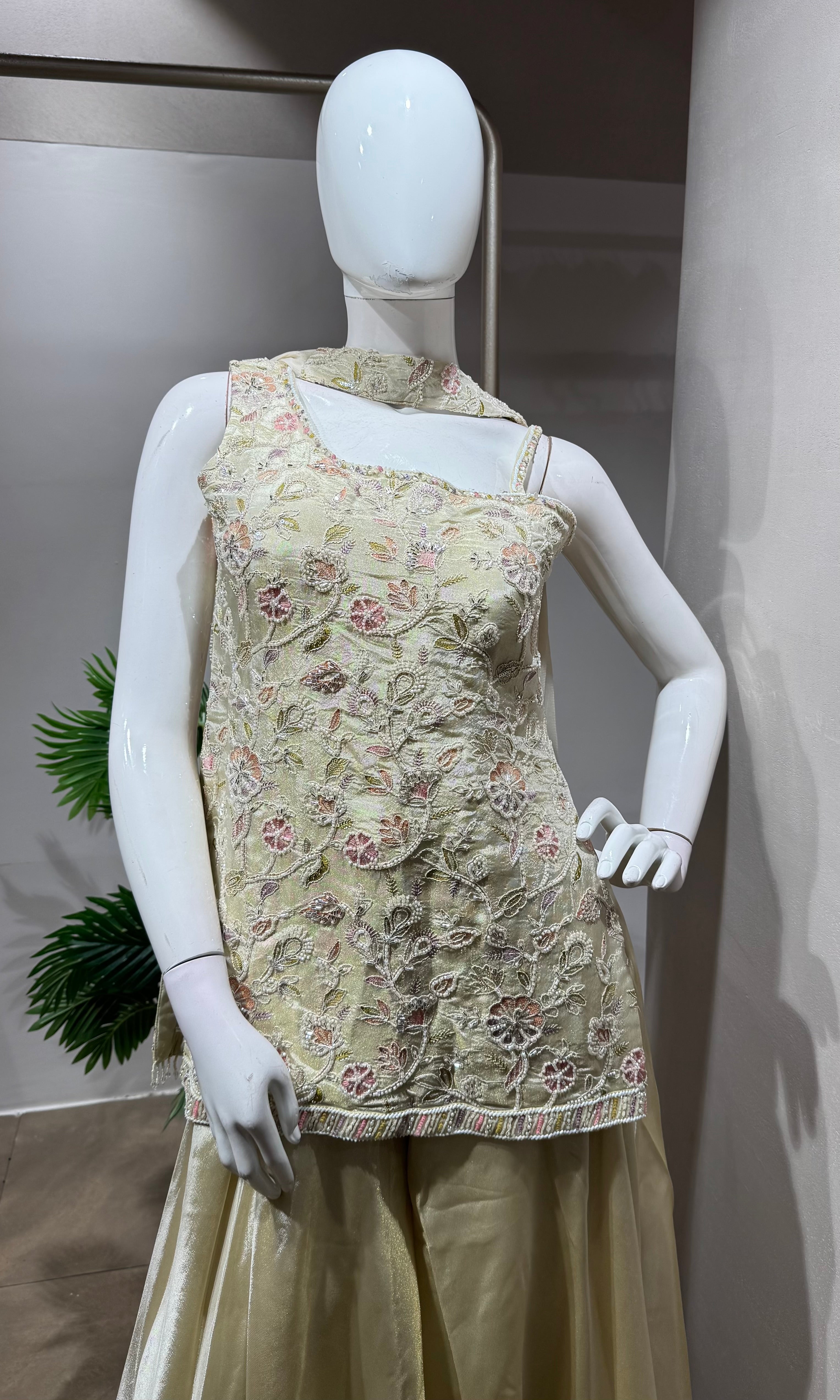 HALF WHITE Floral Embroidered Sharara Set