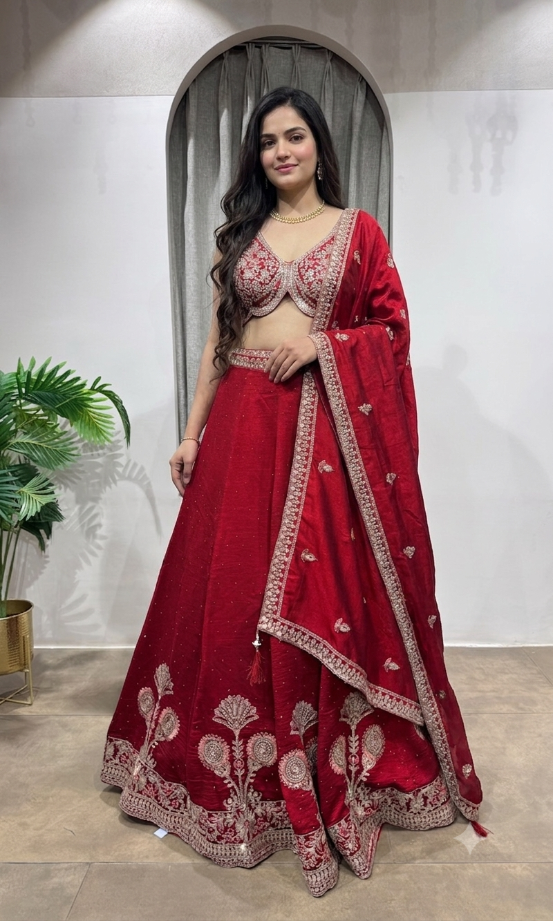 MAROON Elegance Embroidered Silk Lehenga Choli