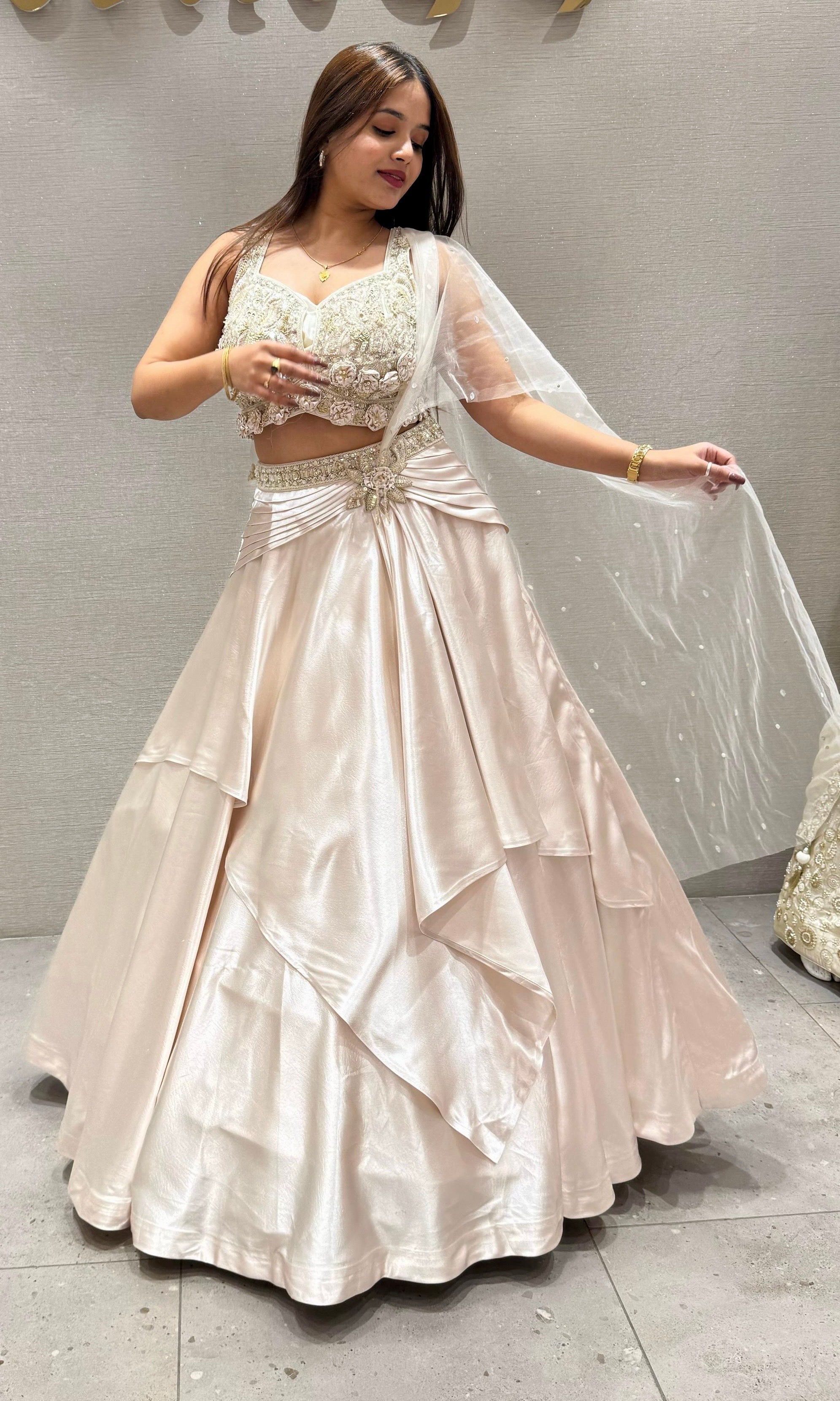 Ivory Bloom – Satin Sculpted Lehenga - Main Image