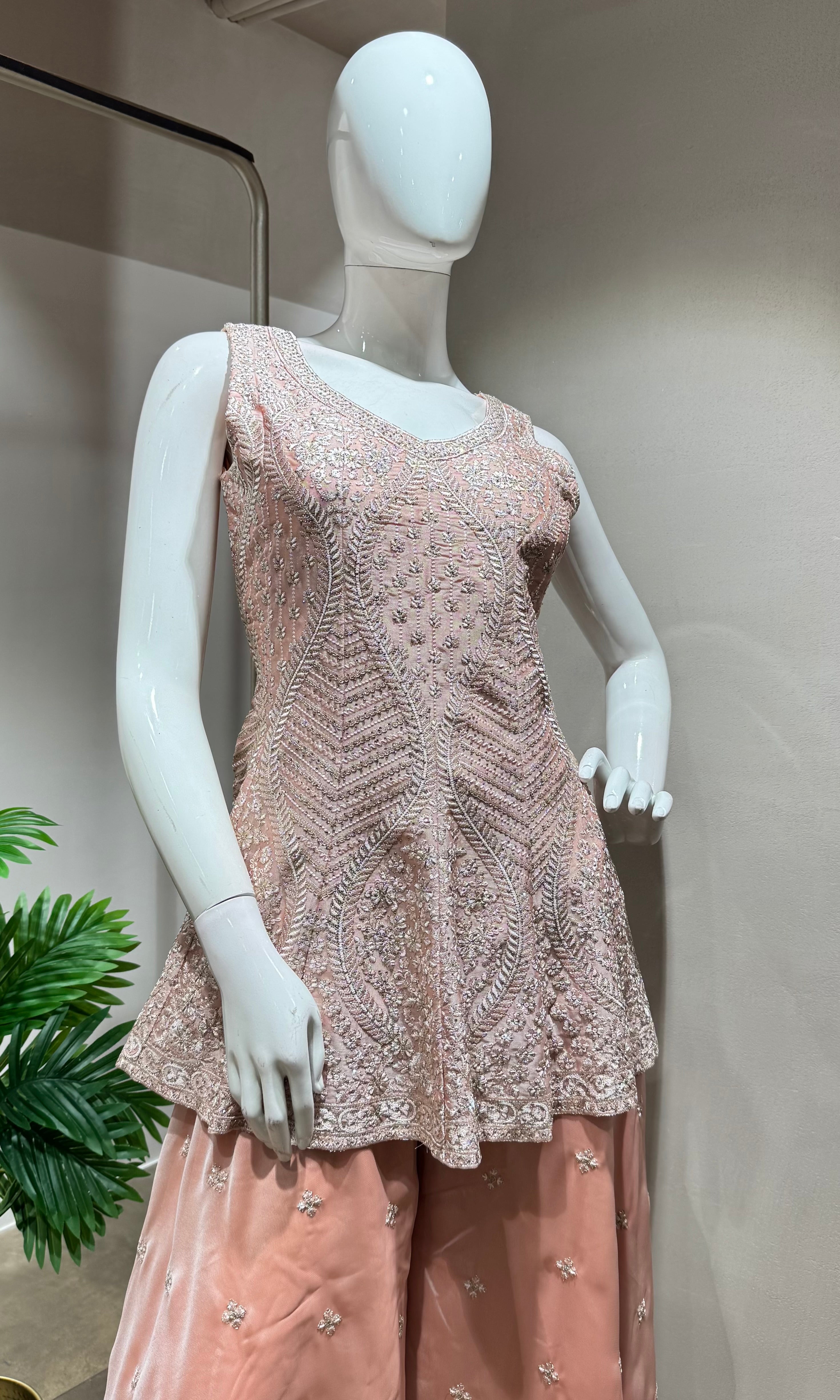 Blush PEACH Silk Embroidery PALAZZO SET