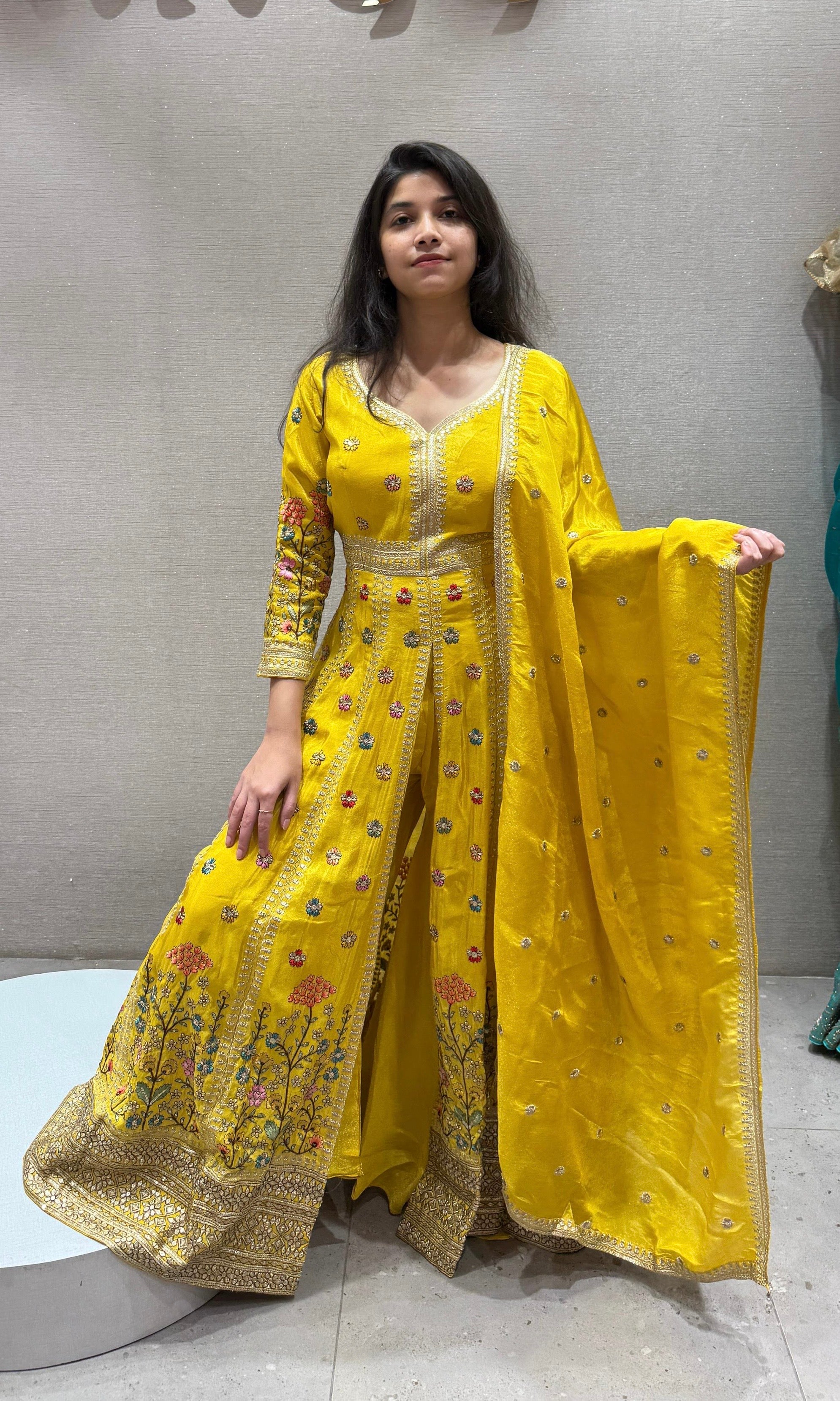 Yellow Front Slit floral Anarkali
