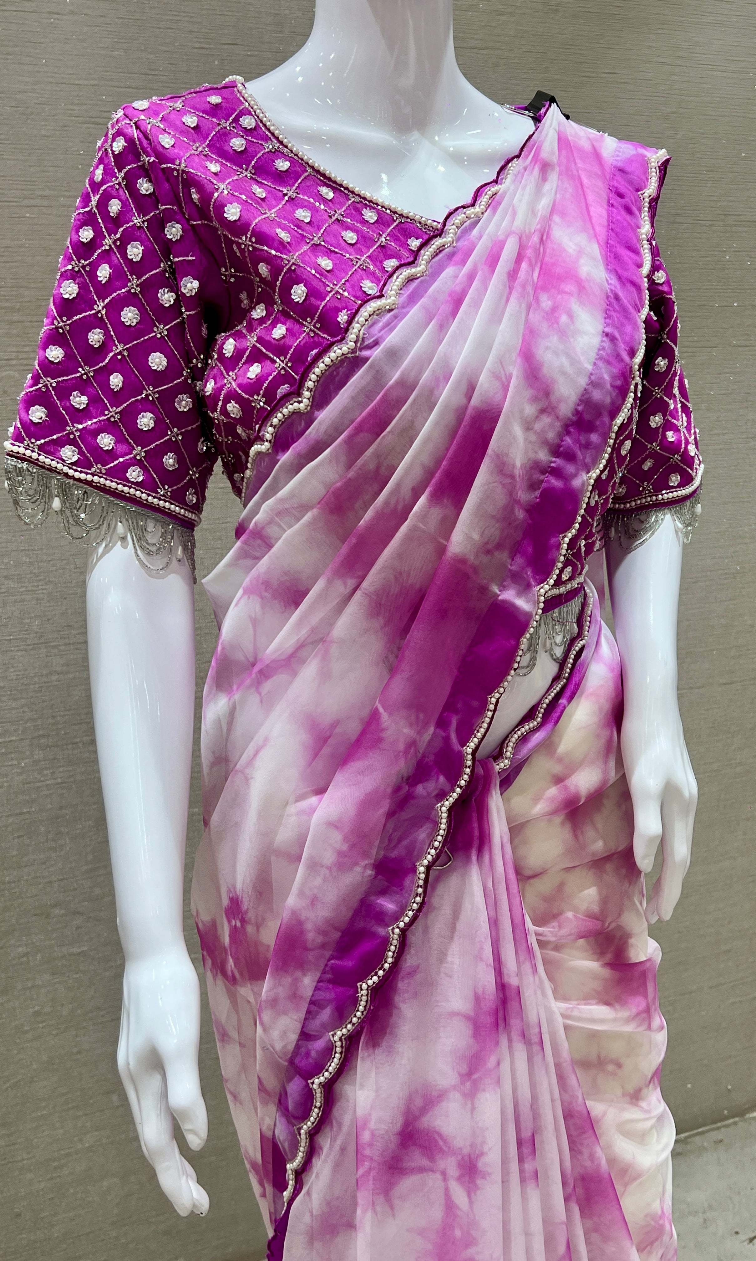 Purple Tie and Dye saree with ready blouse