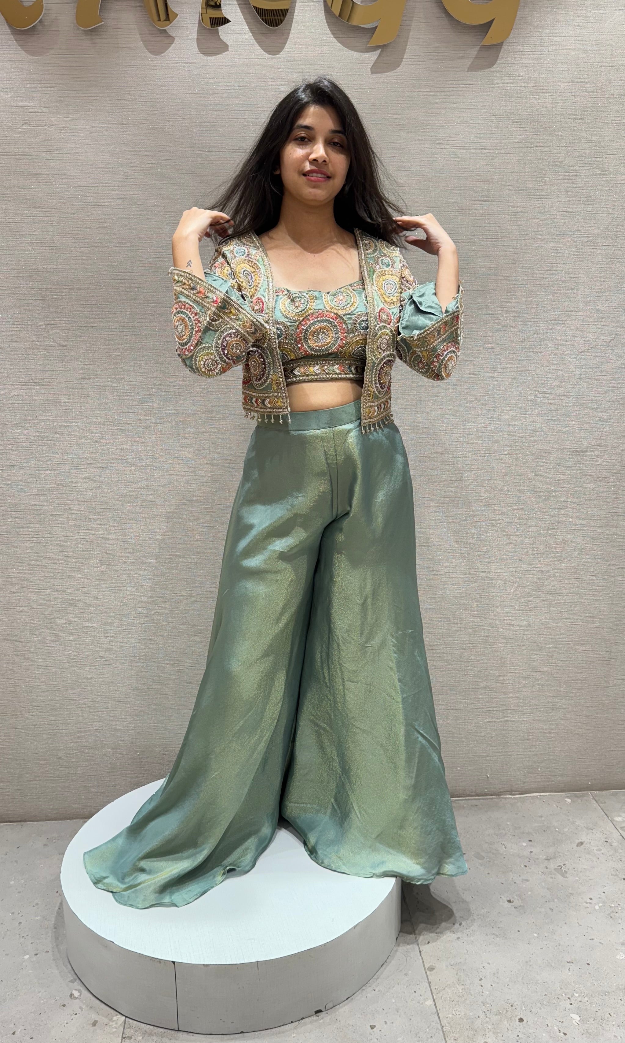 Green EMBROIDERED palazzo WITH JACKET