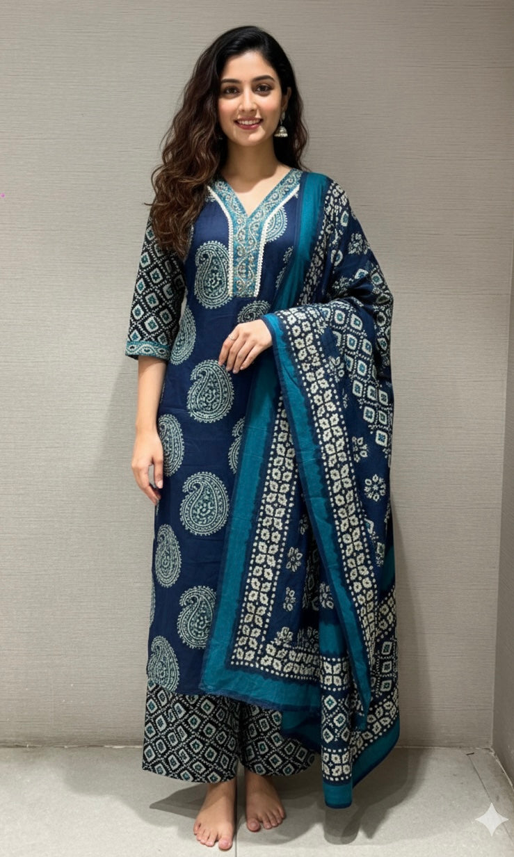 Blue printed kurta set with palazzo pants