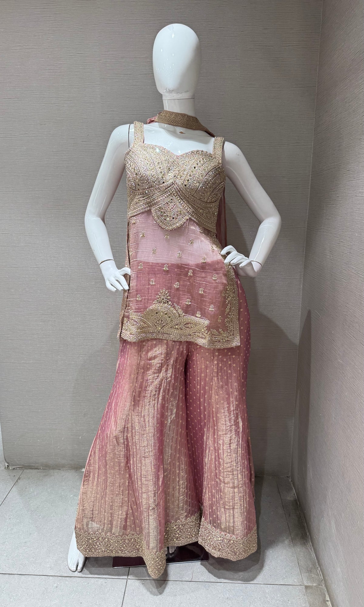 Blush Pink WITH Gold Embroidered Tissue Silk Sharara Set