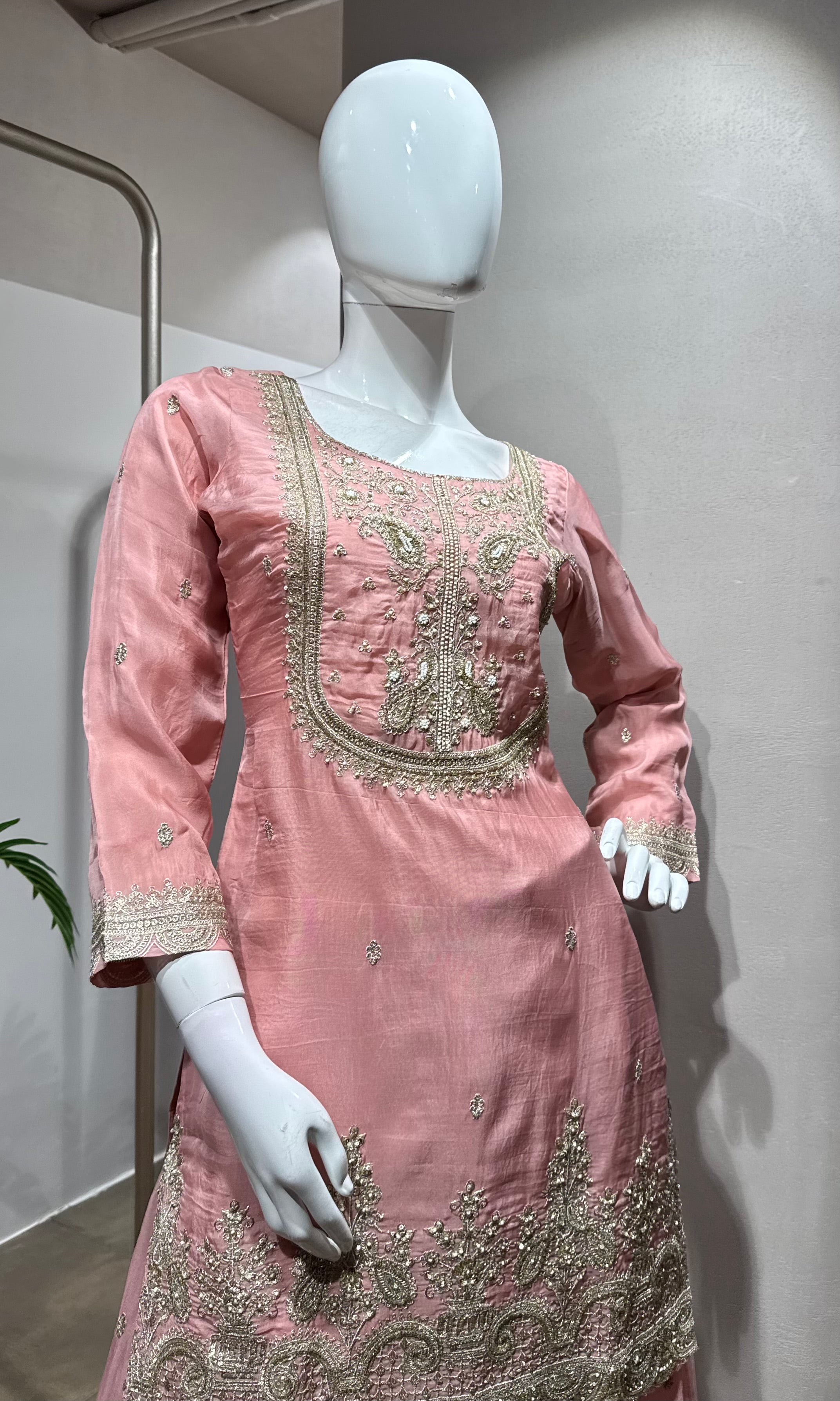 pink silk embroidered sharara set