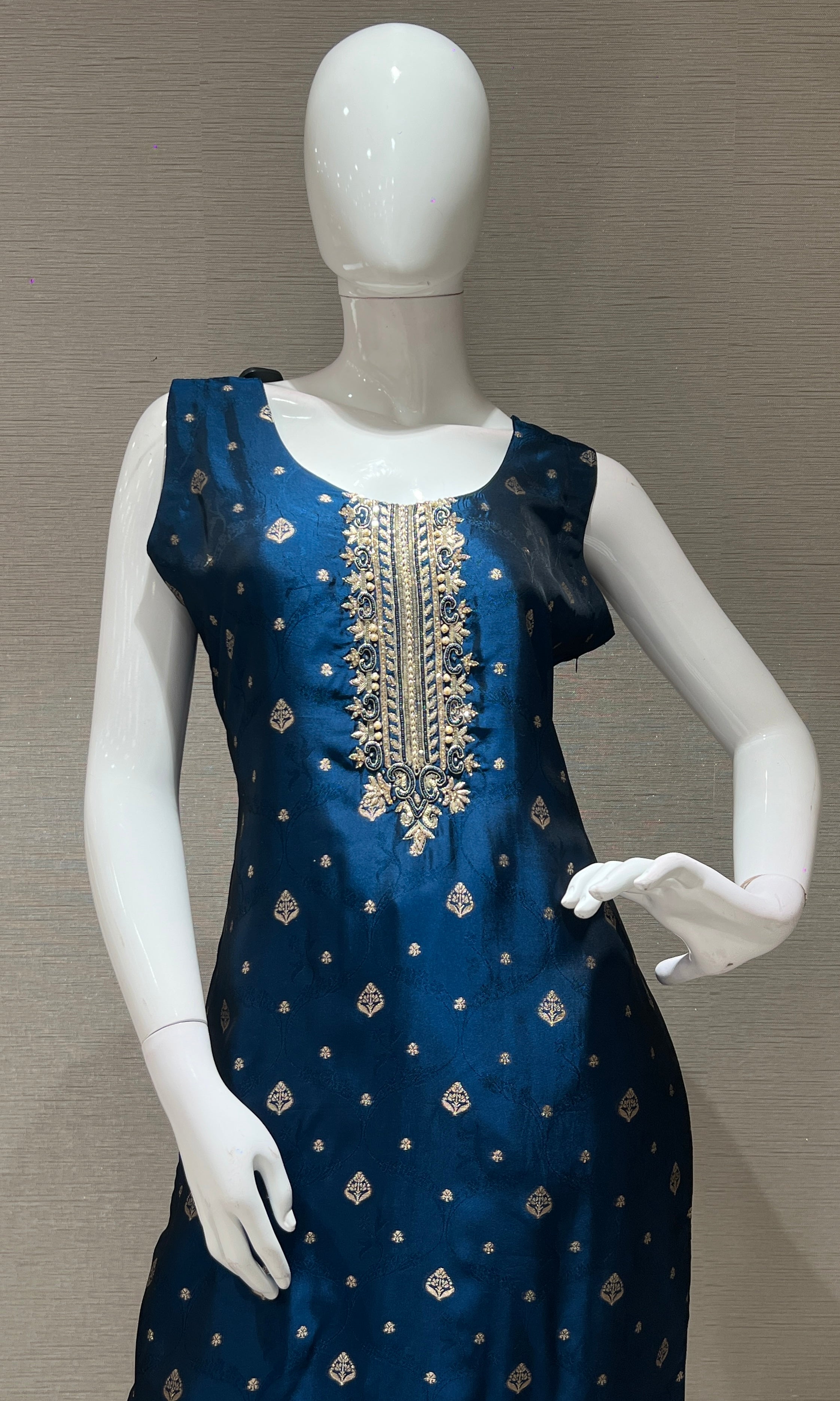 navy blue gold print embroidery kurta set