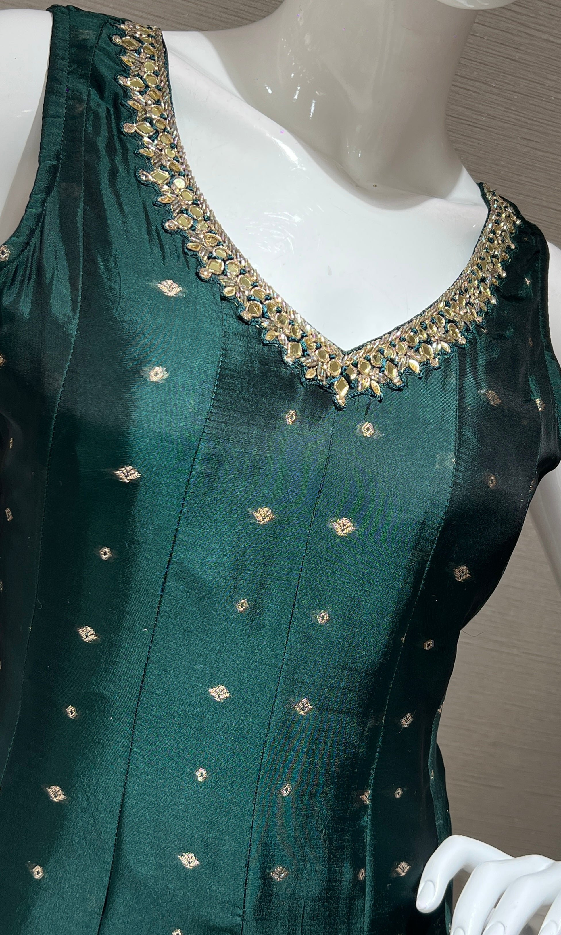 Bottle Green Anarkali with Gold Print embroidery