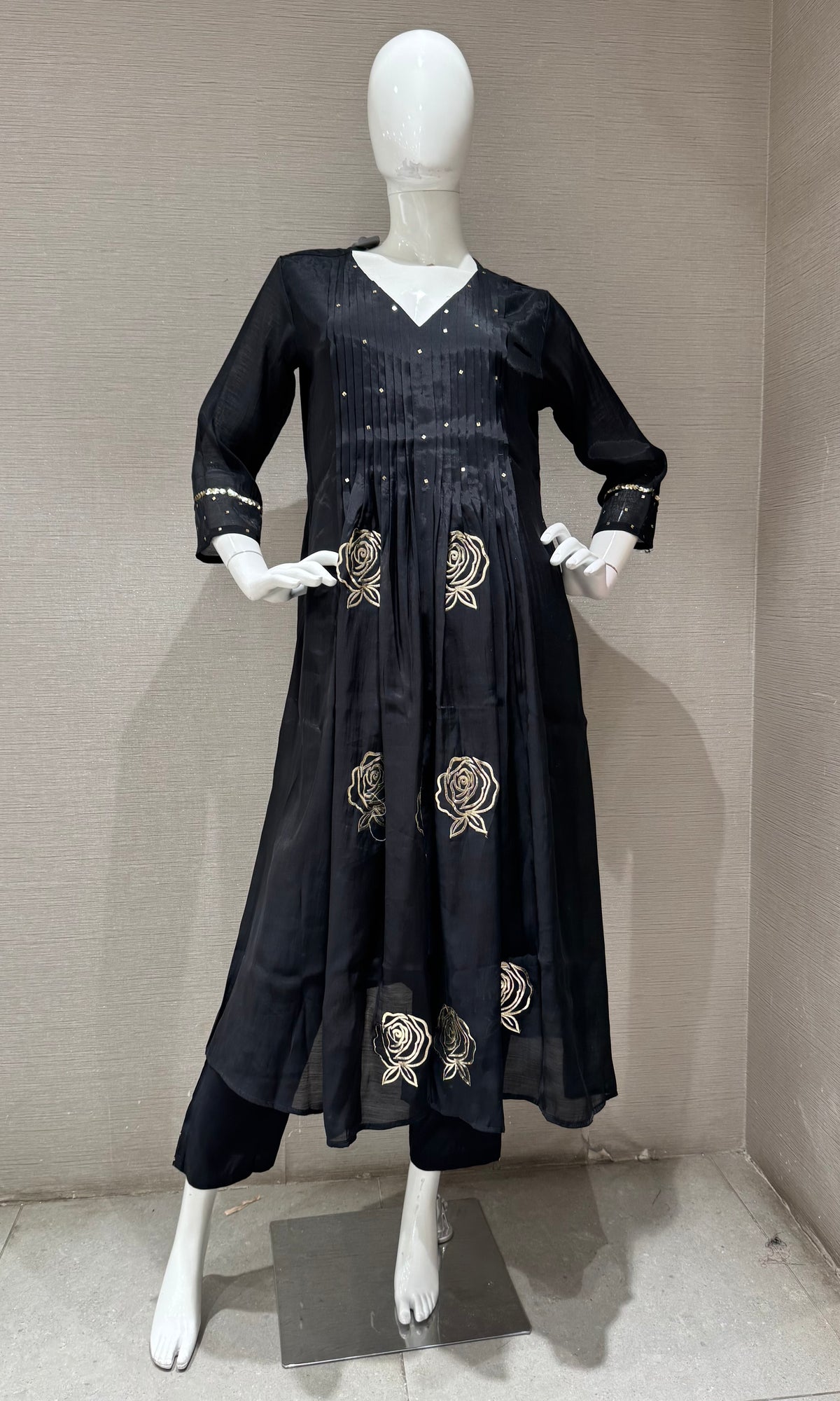 Black golden floral mul chanderi kurta set