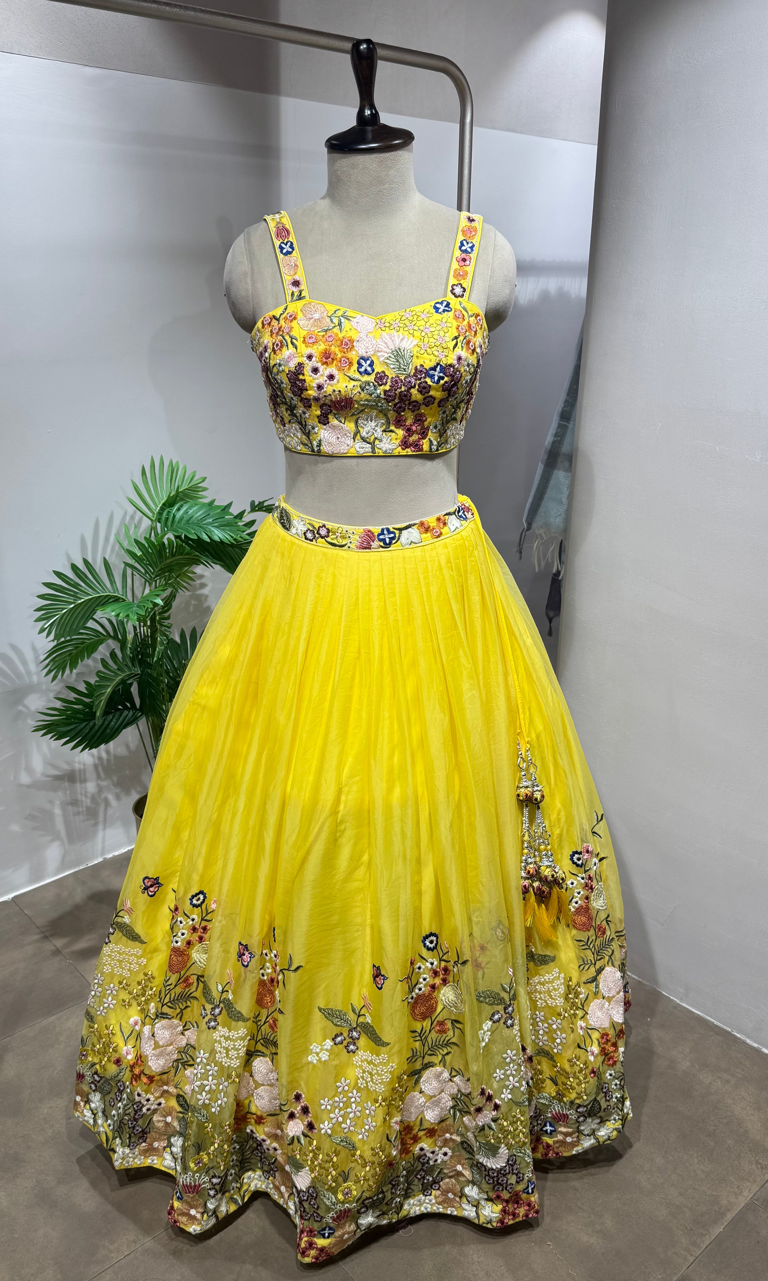 yellow floral embroidered lehenga set