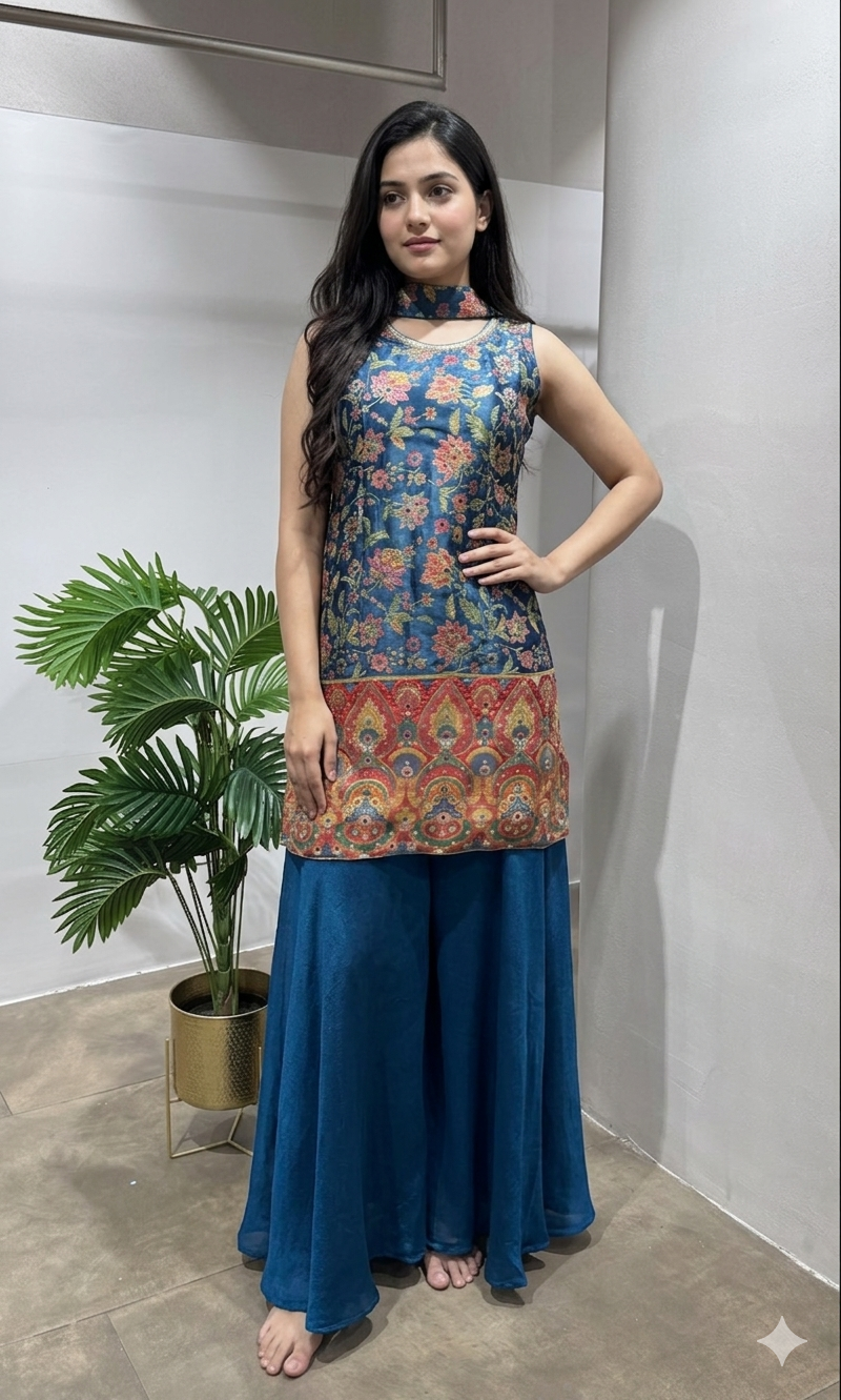 BLUE FLORAL ETHNIC SHARARA SET