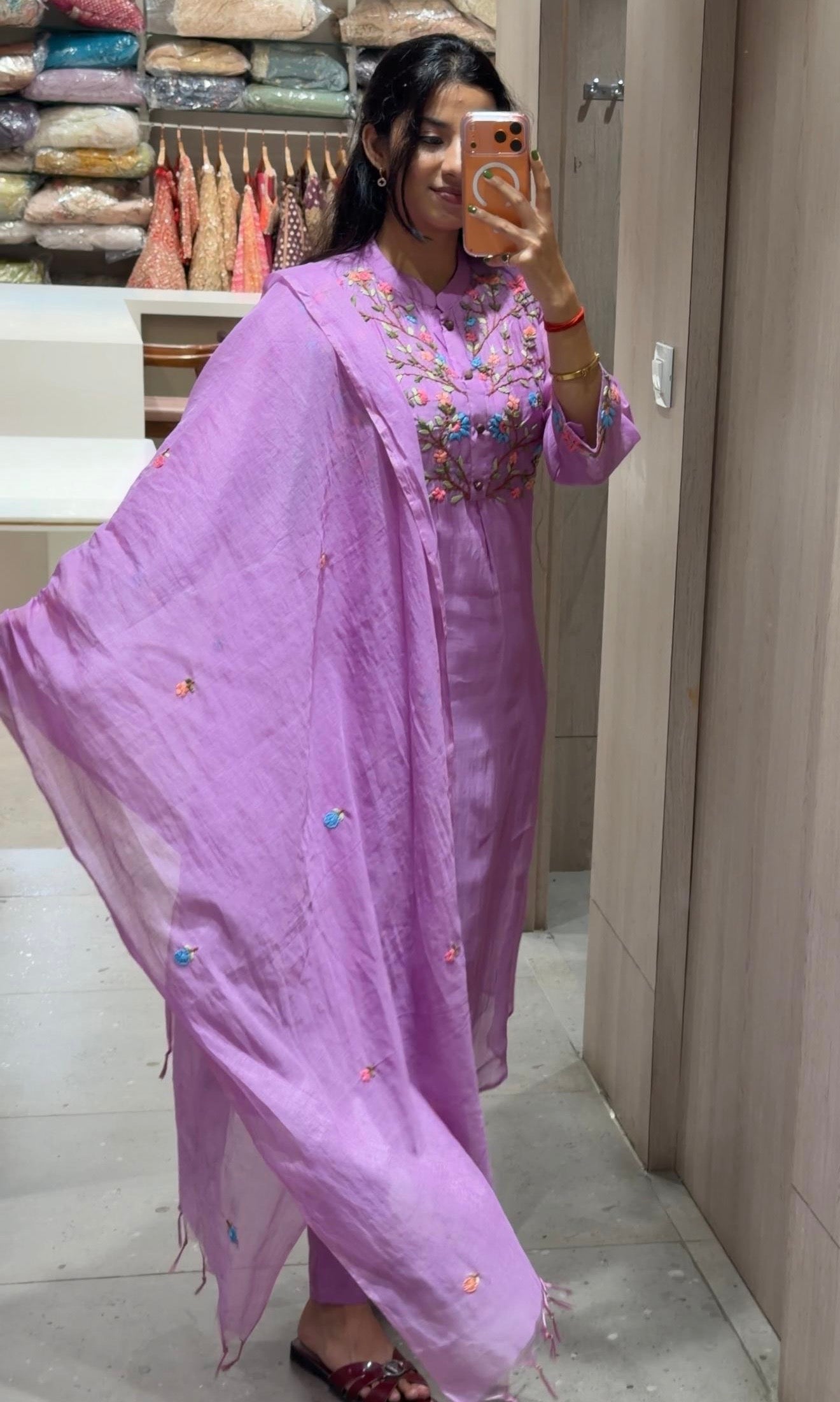 Lavender FLORAL MUL CHANDERI kurta set