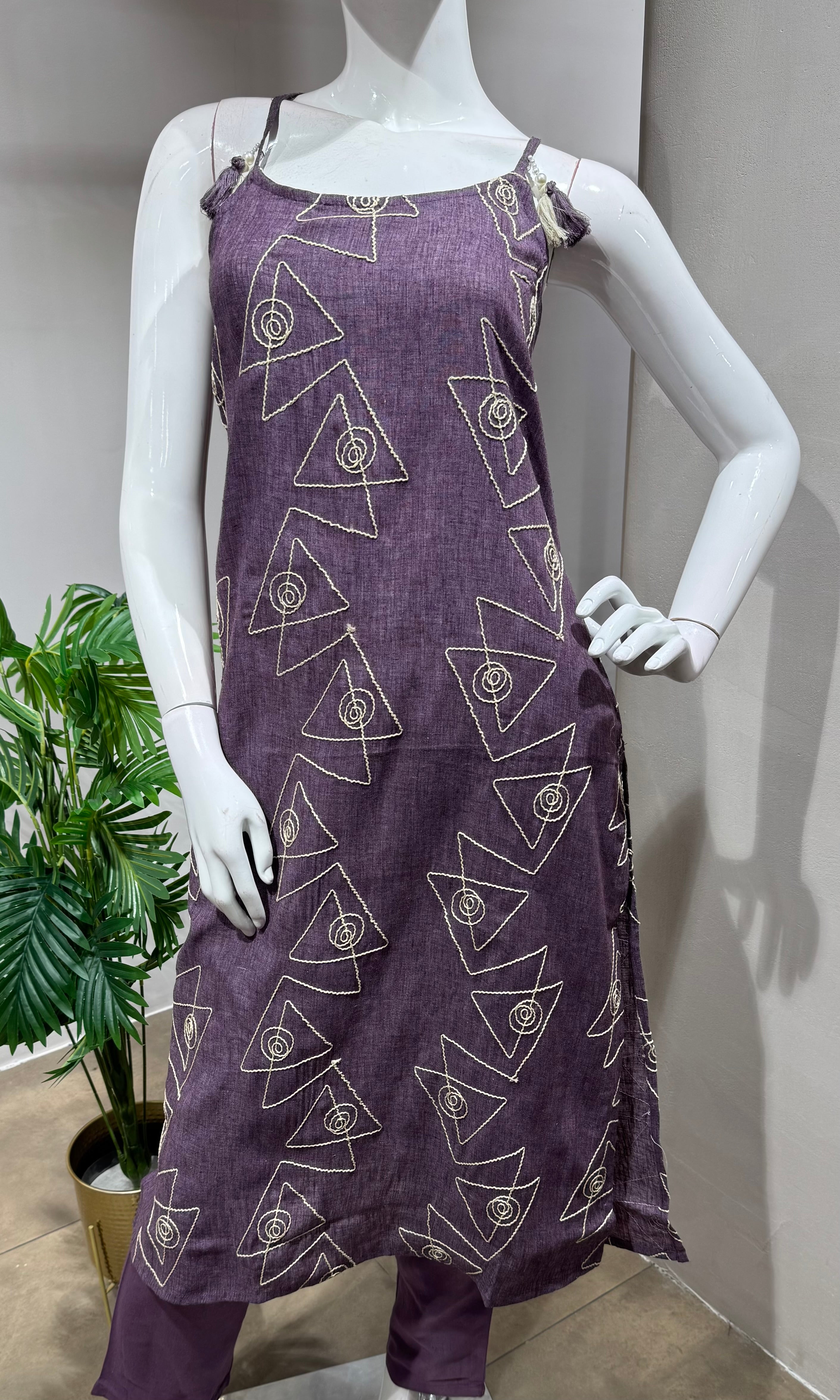 WINE Embroidered Kurta Set with Dupatta