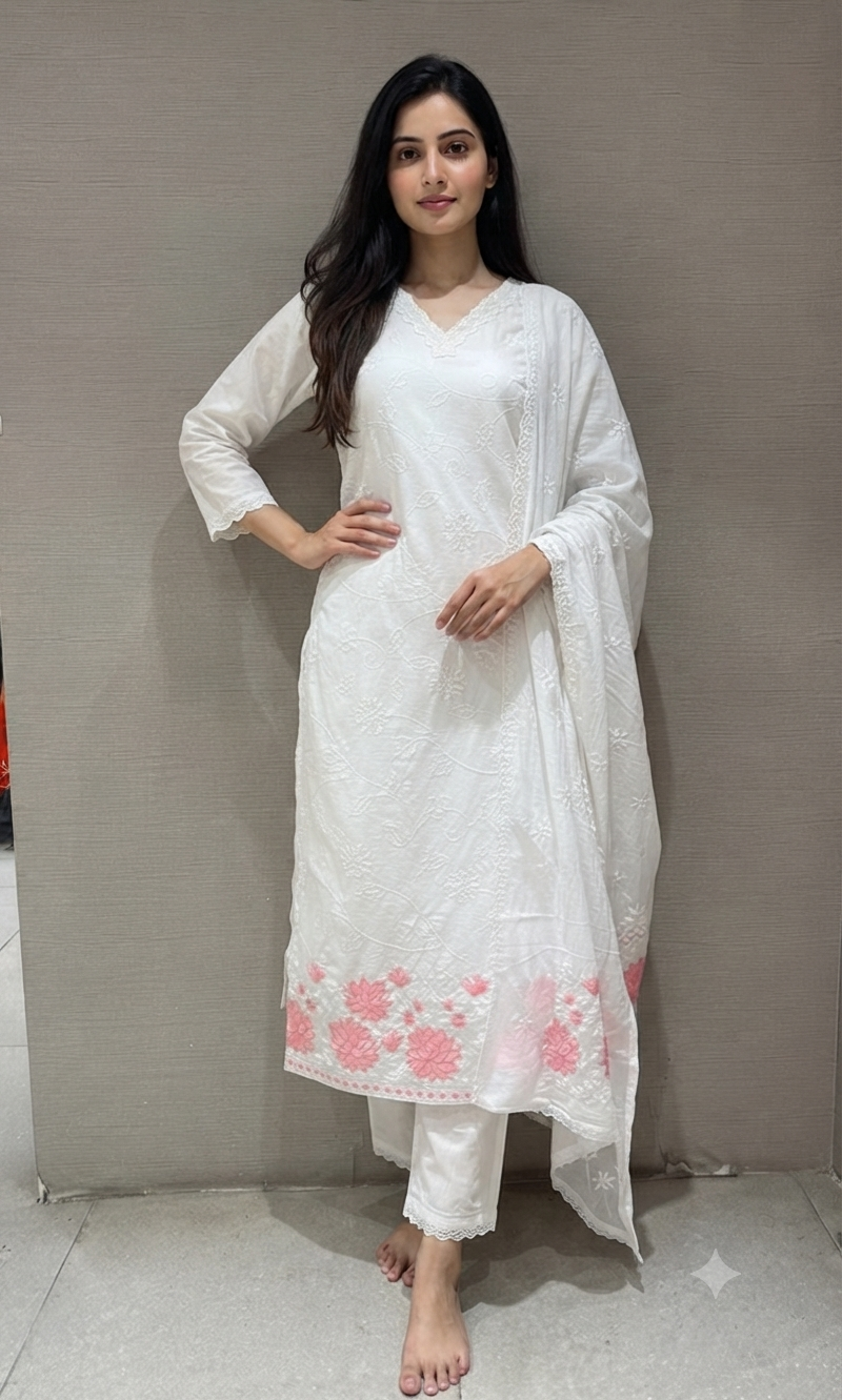White Cotton Kurta Set with Pink Floral Embroidery