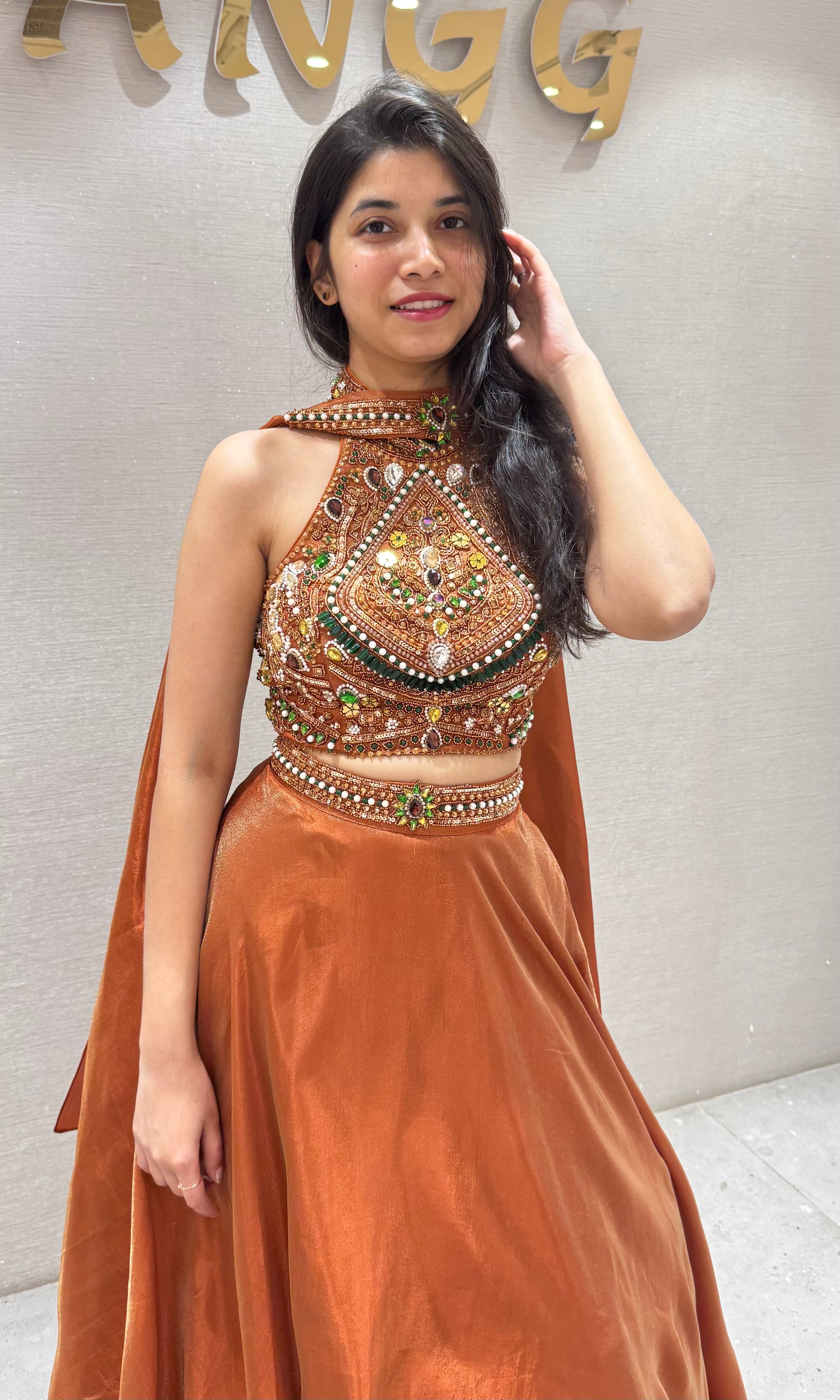 Rust Lehenga WITH HALTER NECK BLOUSE