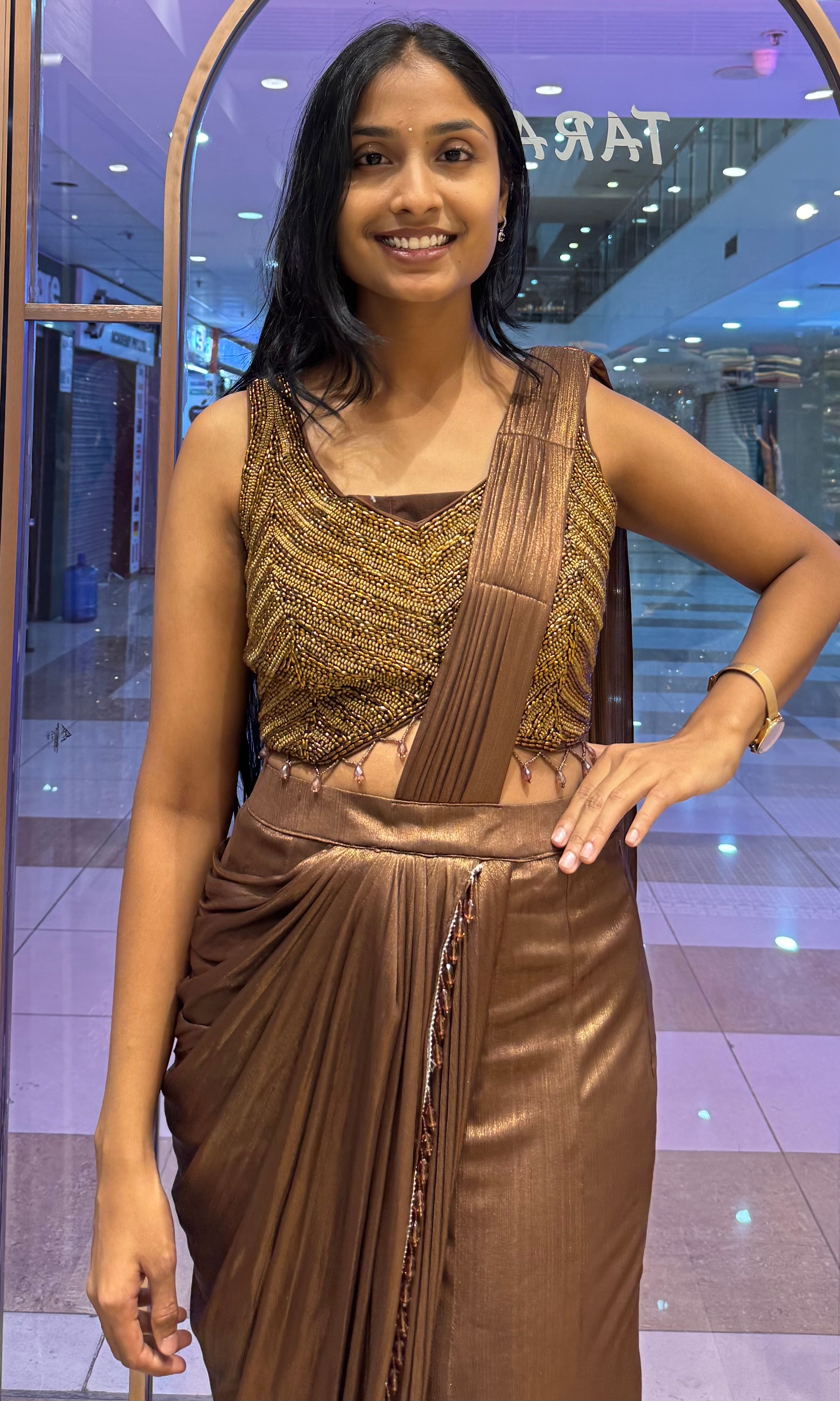 Copper Drape Saree with Beaded Blouse