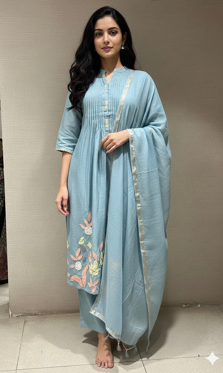 LIGHT blue FLORAL MUL CHANDERI KURTA SET