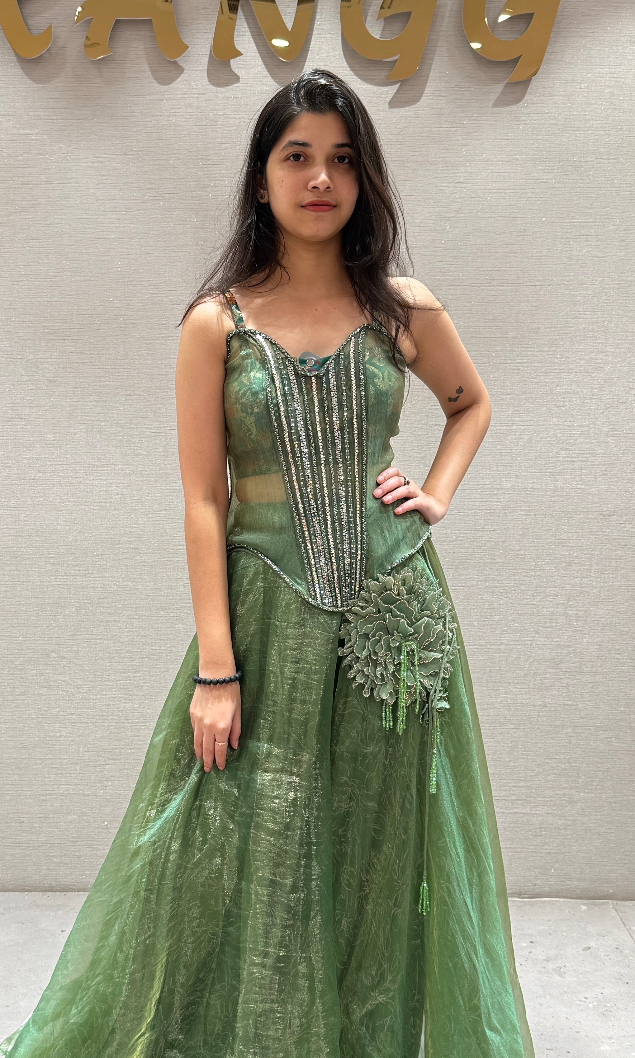 Green Floral Accent Corset Gown