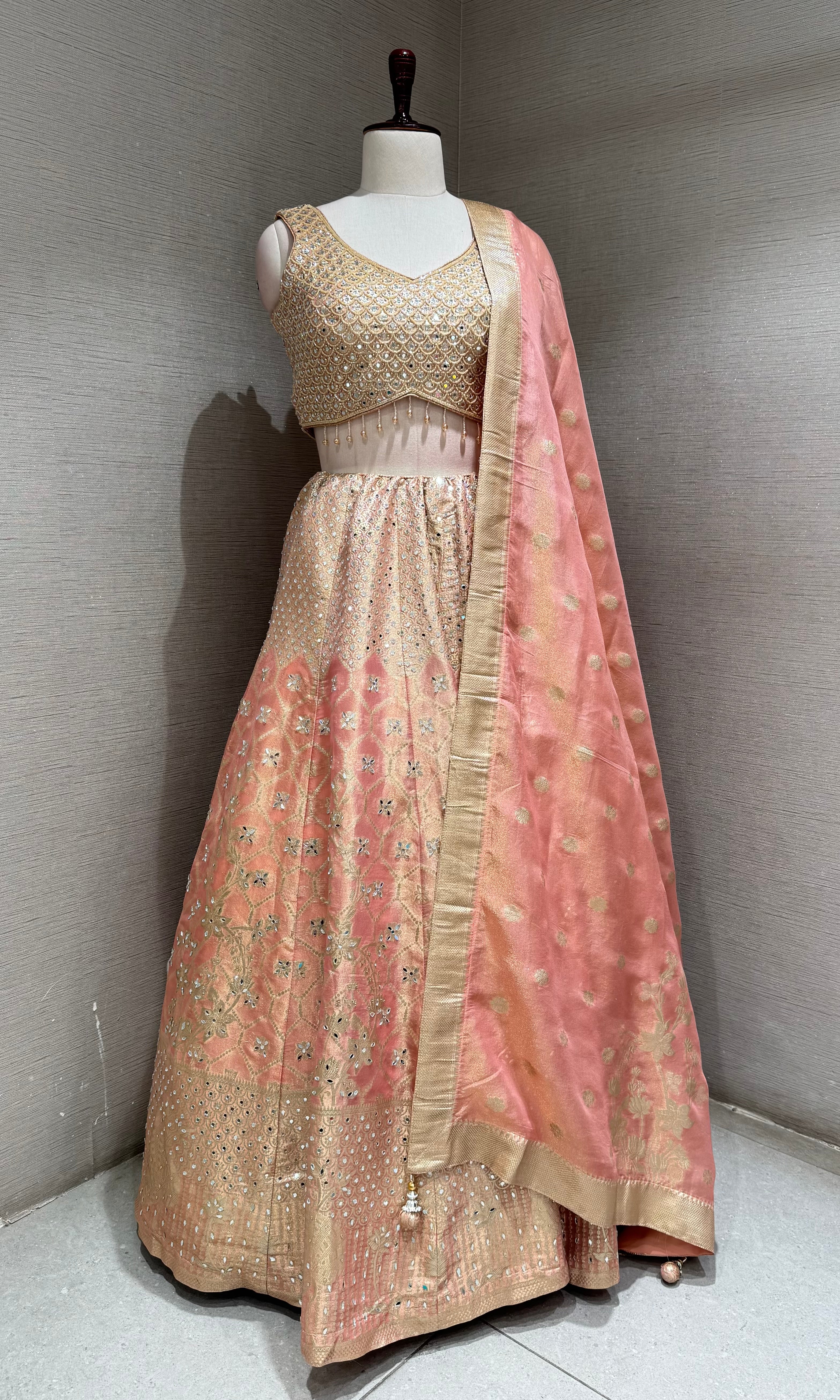 Peach and Gold Embroidered Lehenga Choli Set with Dupatta