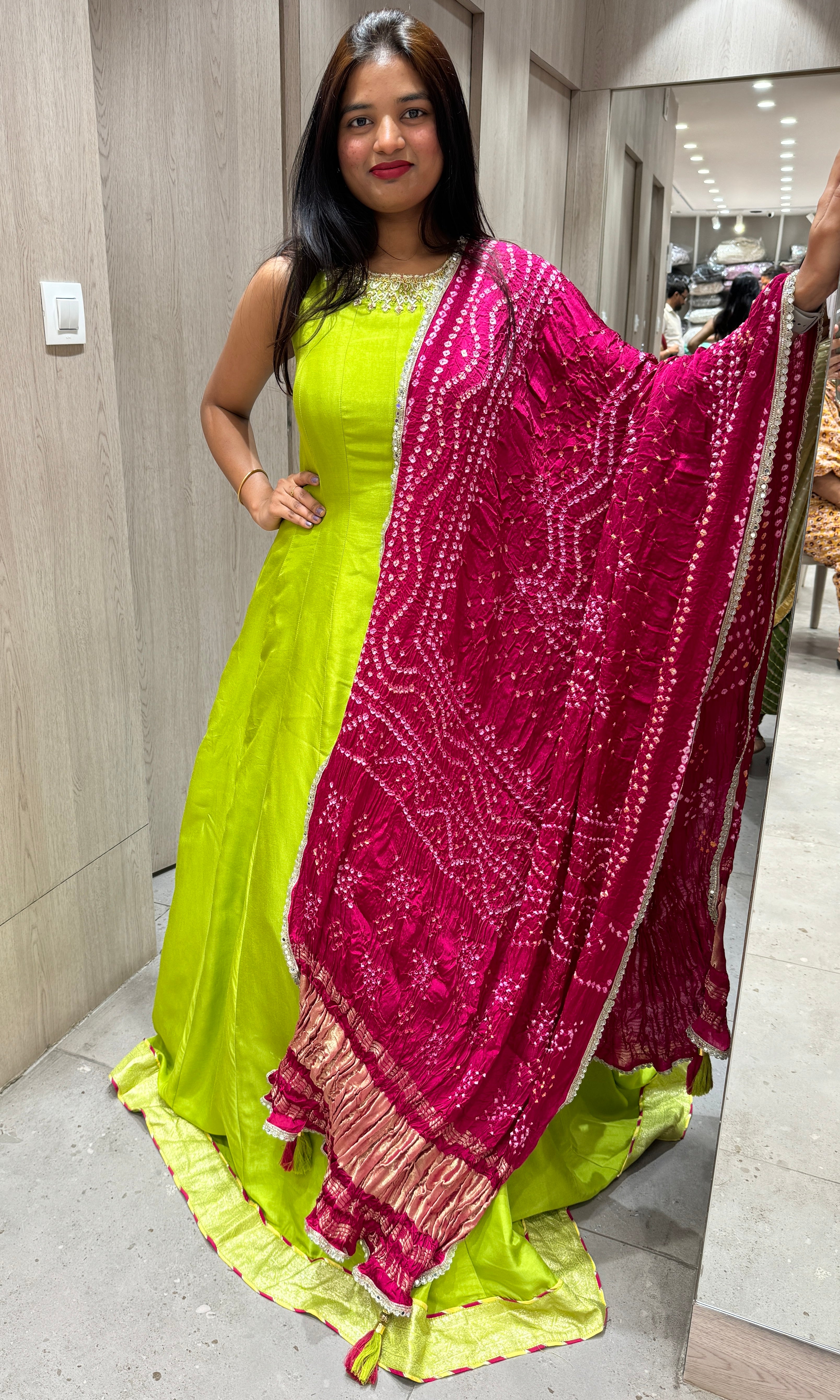 P green long dress with bandhani dupatta