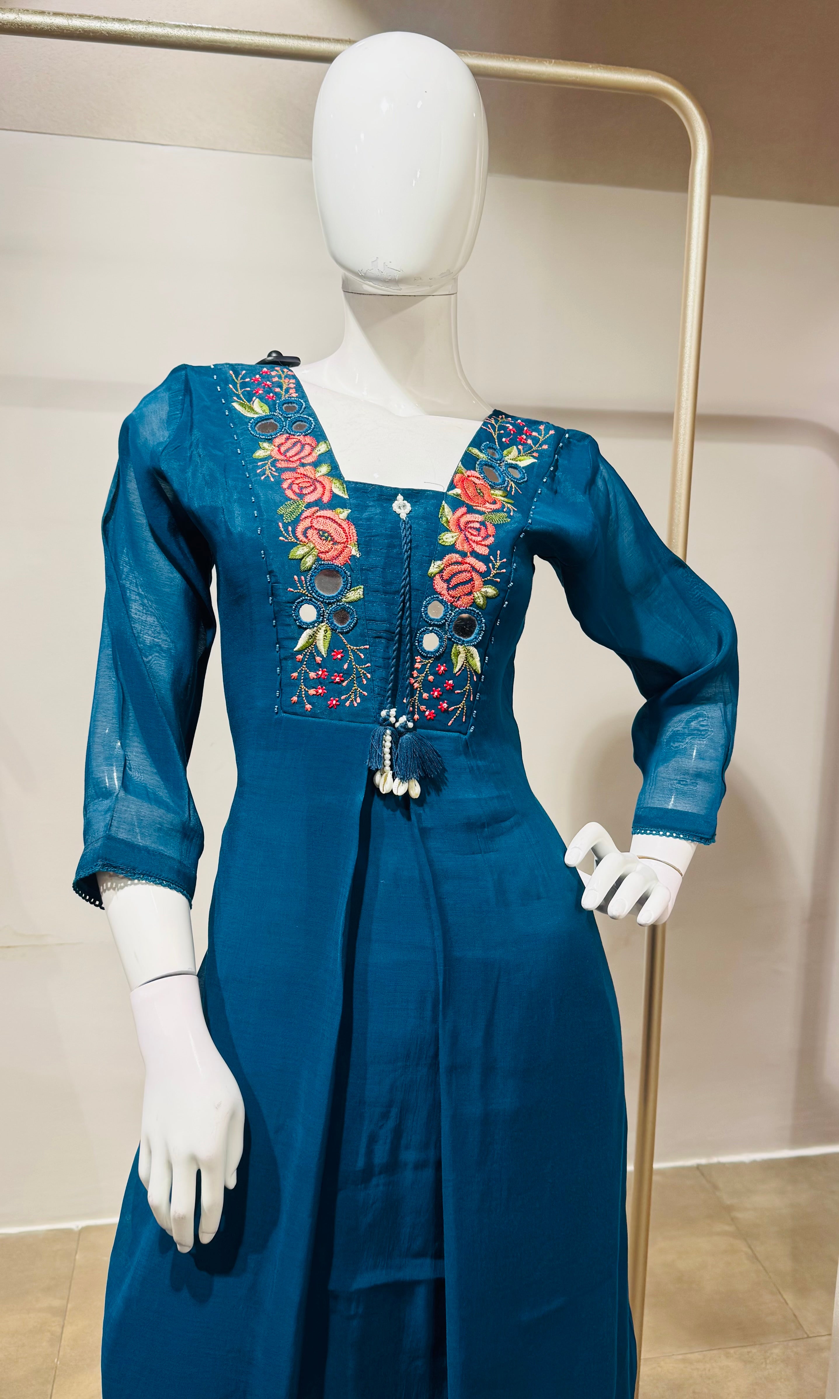 Peacock Blue Ethnic Kurta Set with Multicolored Neckline