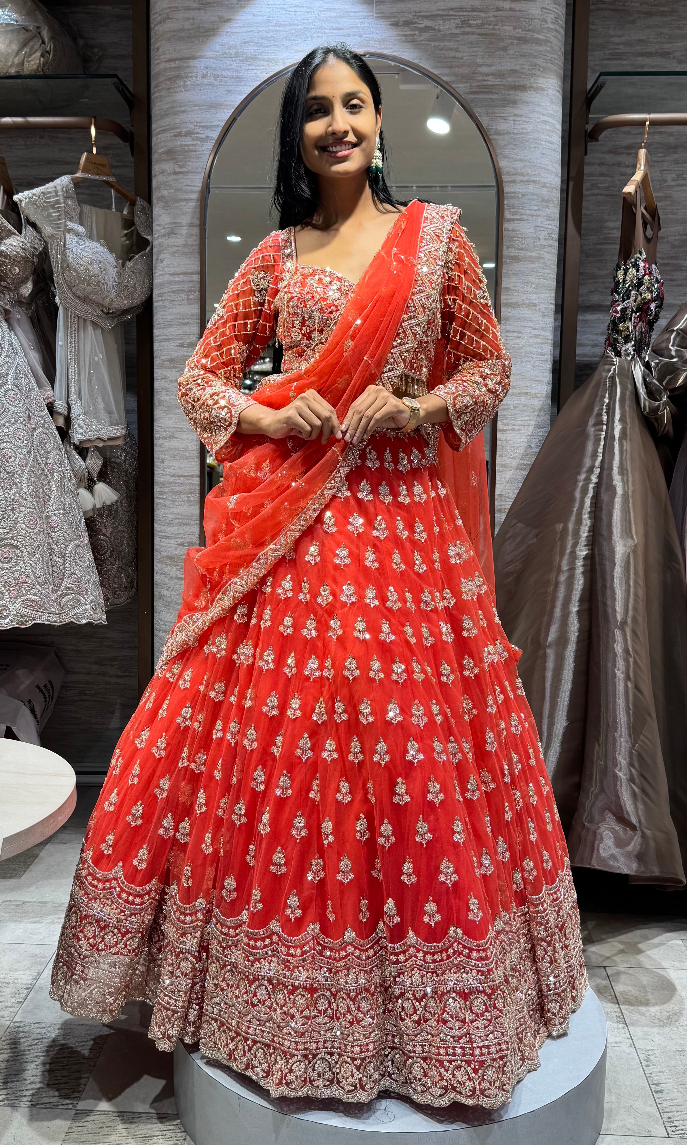 orange bridal intricate embroidery lehenga